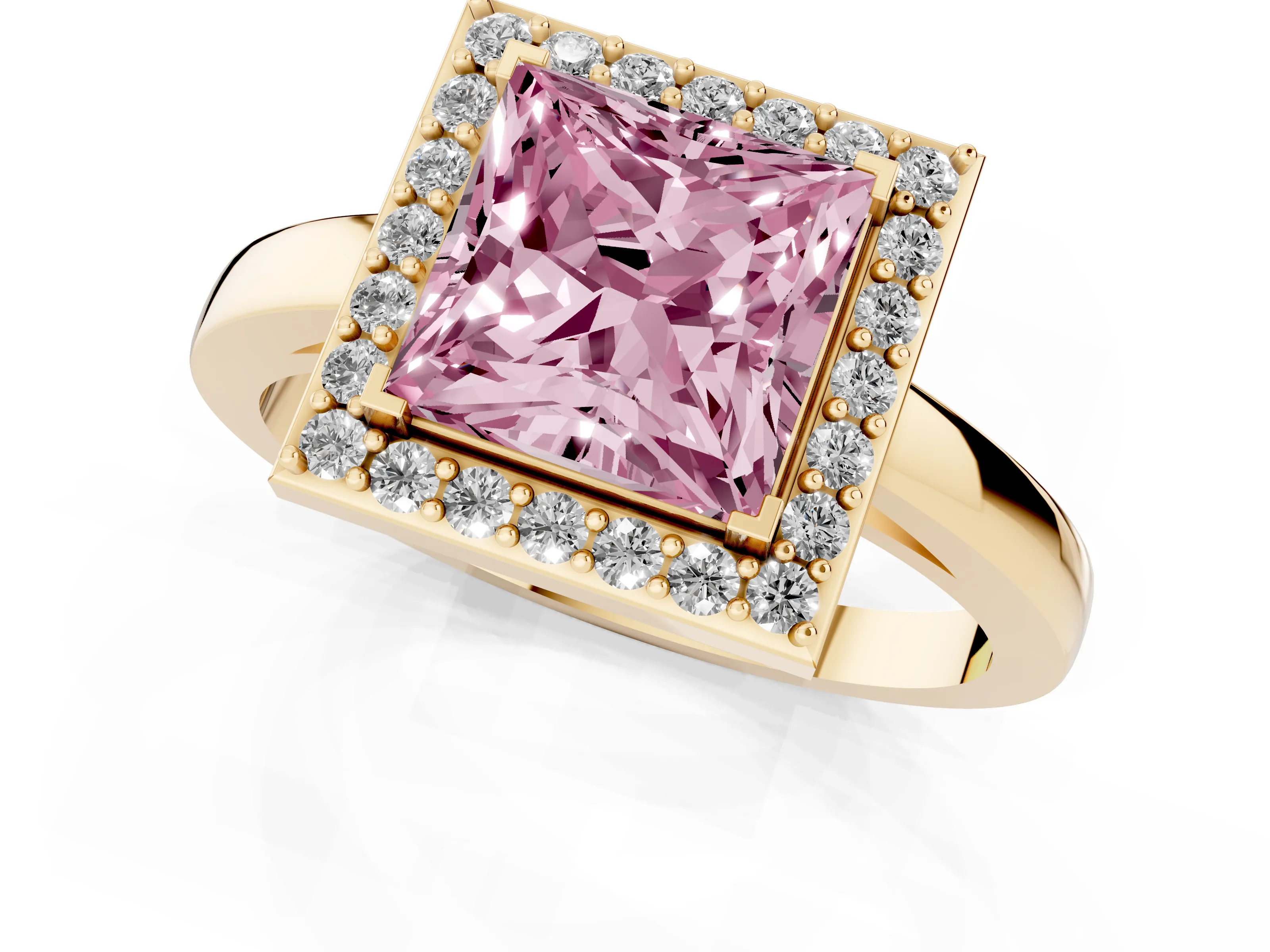 Fancy Pink Princess Cut Diamond Halo Ring Set in Yellow gold with Solitaire Band and Prong Setting