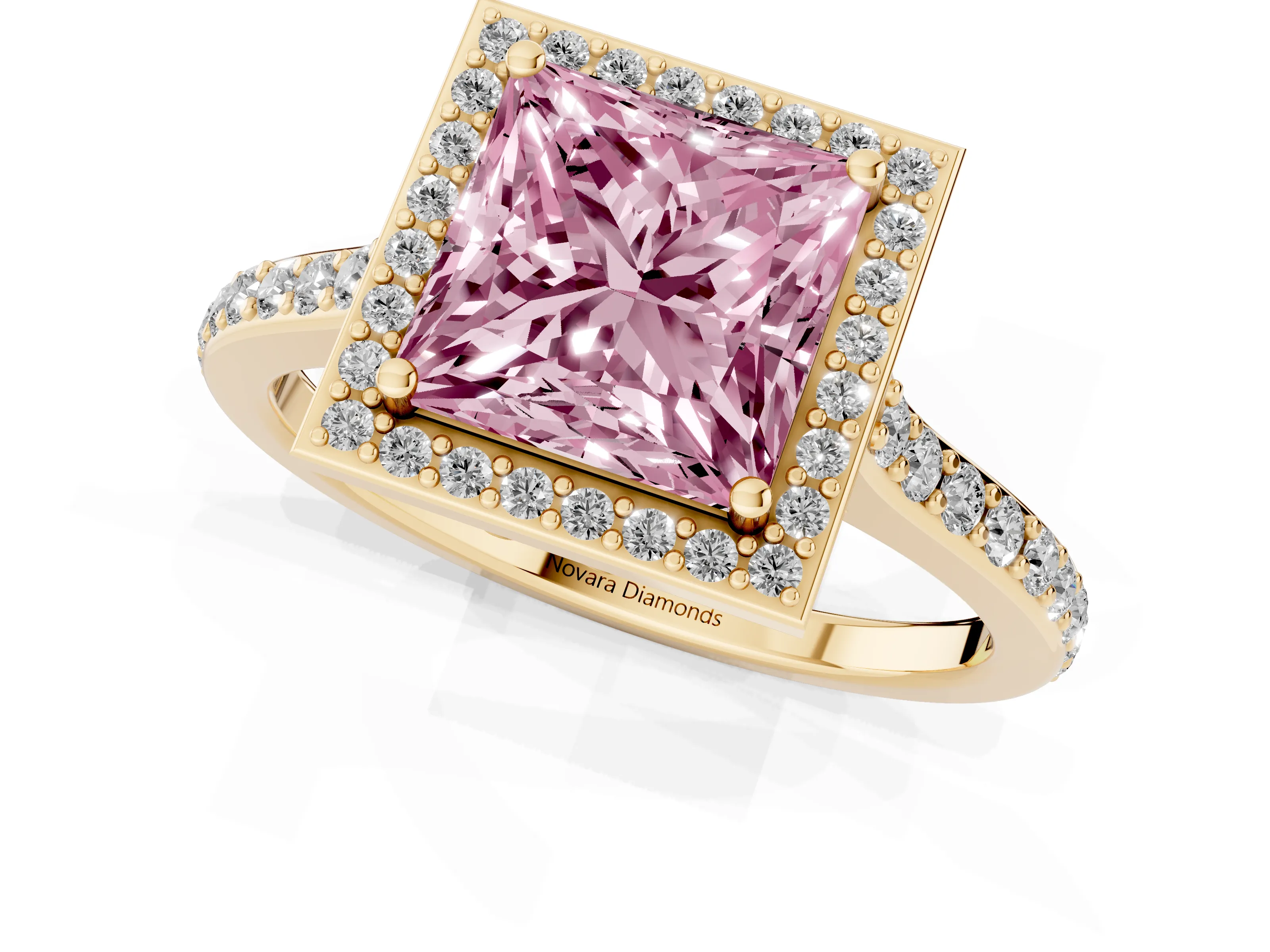 Fancy Pink Princess Cut Diamond Halo Engagement Ring Set in Yellow gold with Round Pavé Shoulders and Heart Gallery