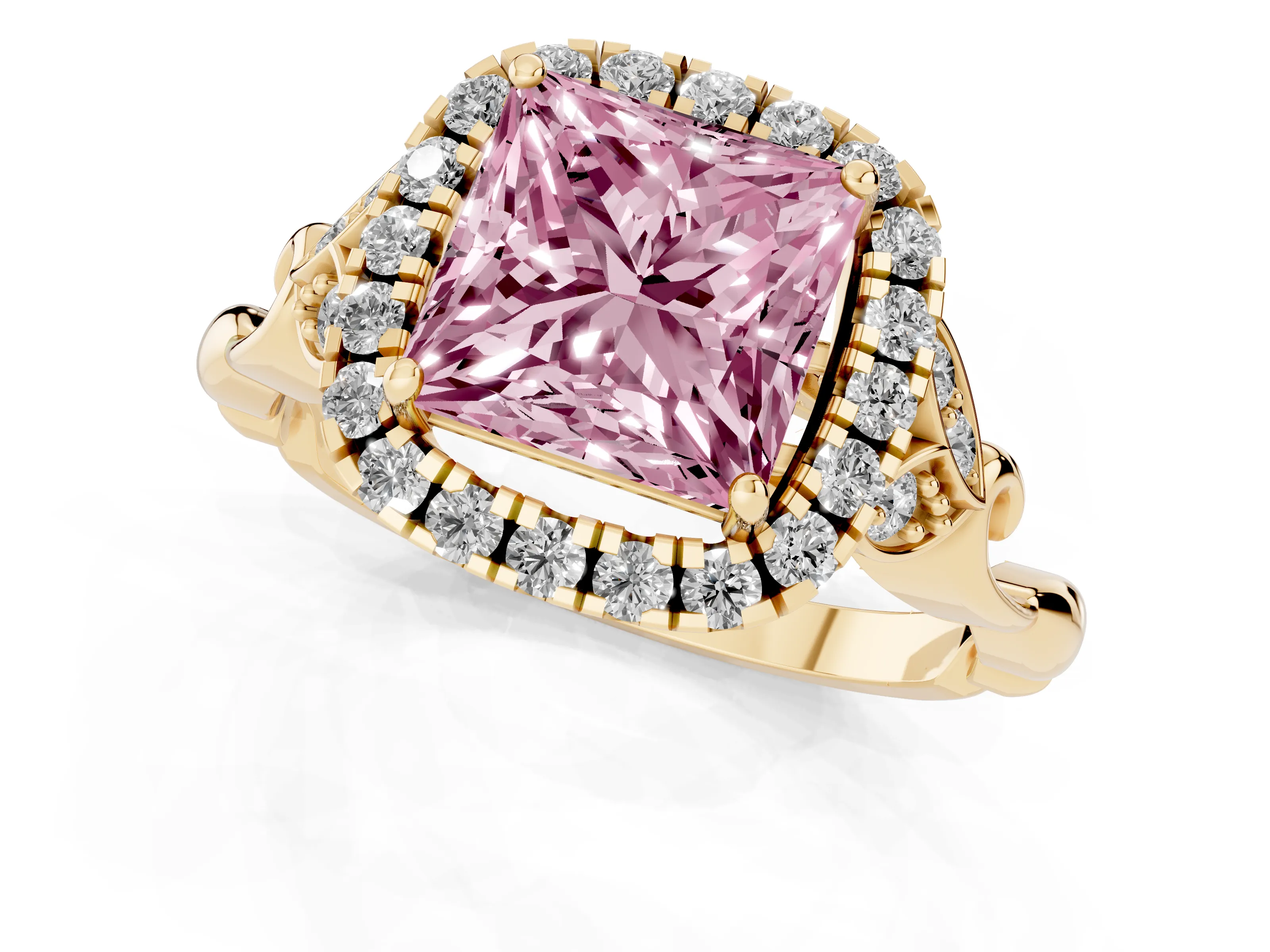 Fancy Pink Princess Cut Diamond Halo Engagement Ring Set in Yellow gold with Vintage-Inspired Band and Prong Setting
