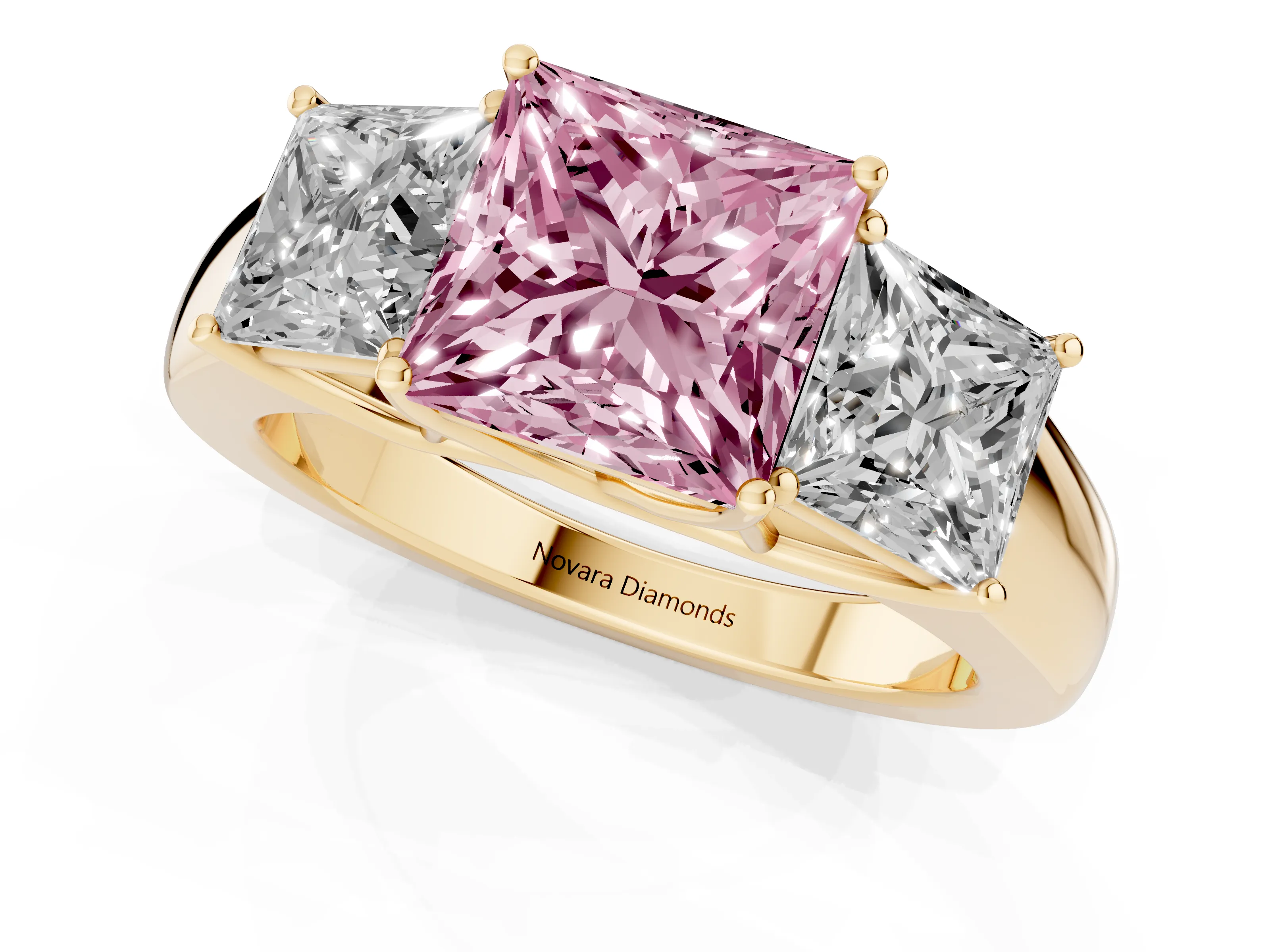 Fancy Pink Three-Stone Princess Cut Diamond Ring Set in Yellow gold with Matching Prong Settings and Plain Band