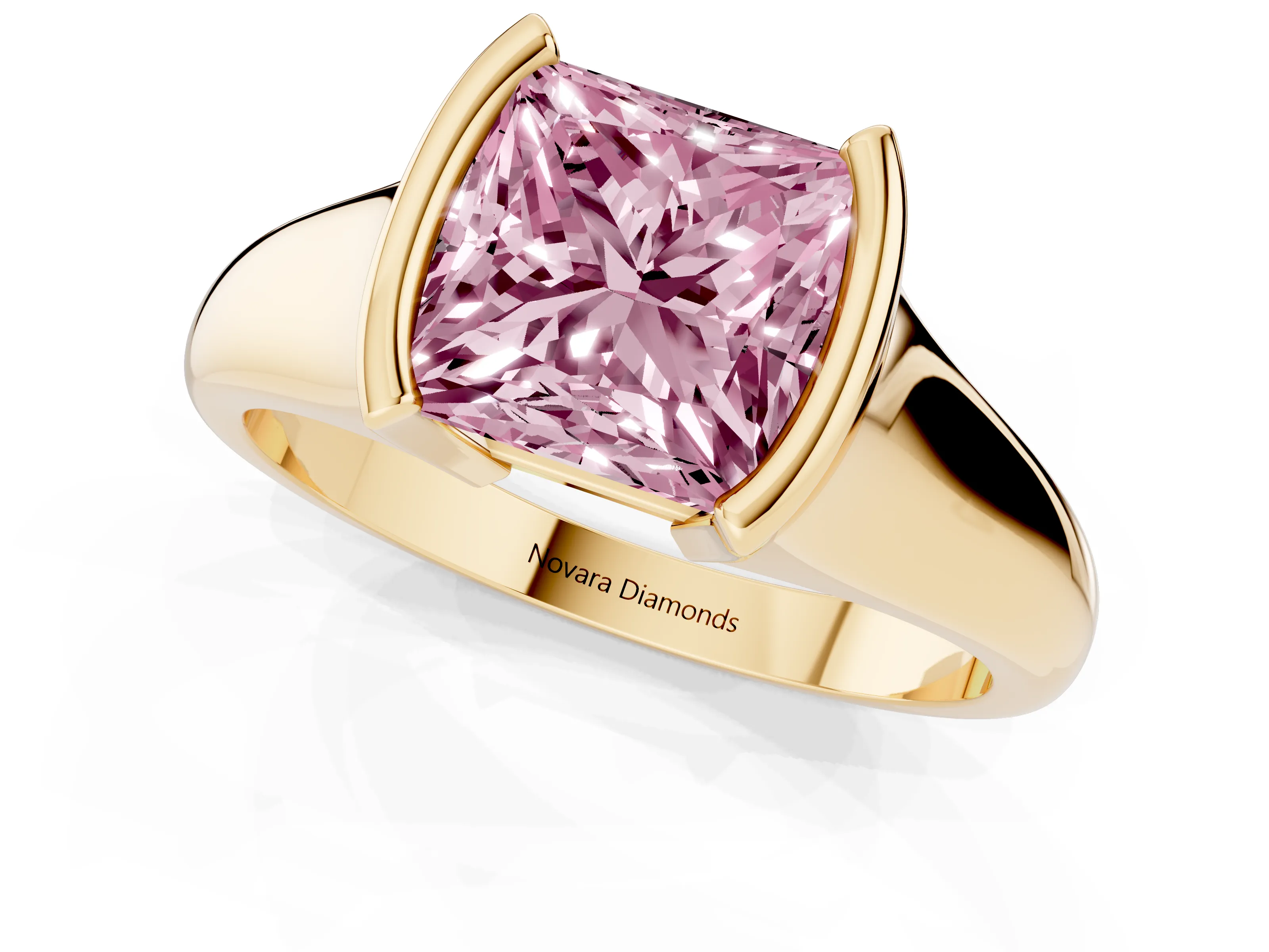 Fancy Pink Princess Cut Diamond Solitaire Tension Set Ring Set in Yellow gold with Split Shank Band