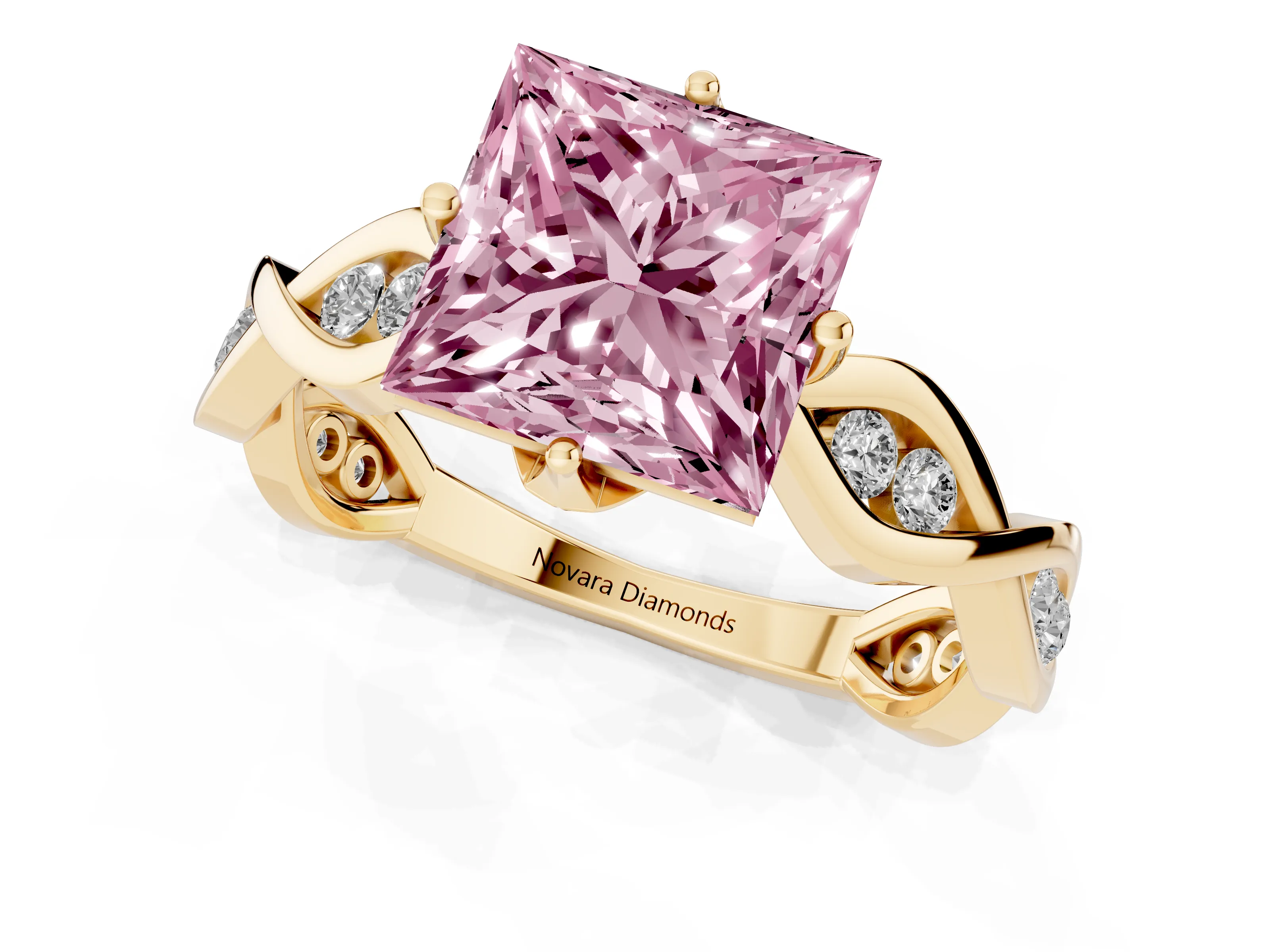 Fancy Pink Princess Cut Diamond Twist Band Solitaire Ring Set in Yellow gold with Leaf Prong Setting and Accent Stones