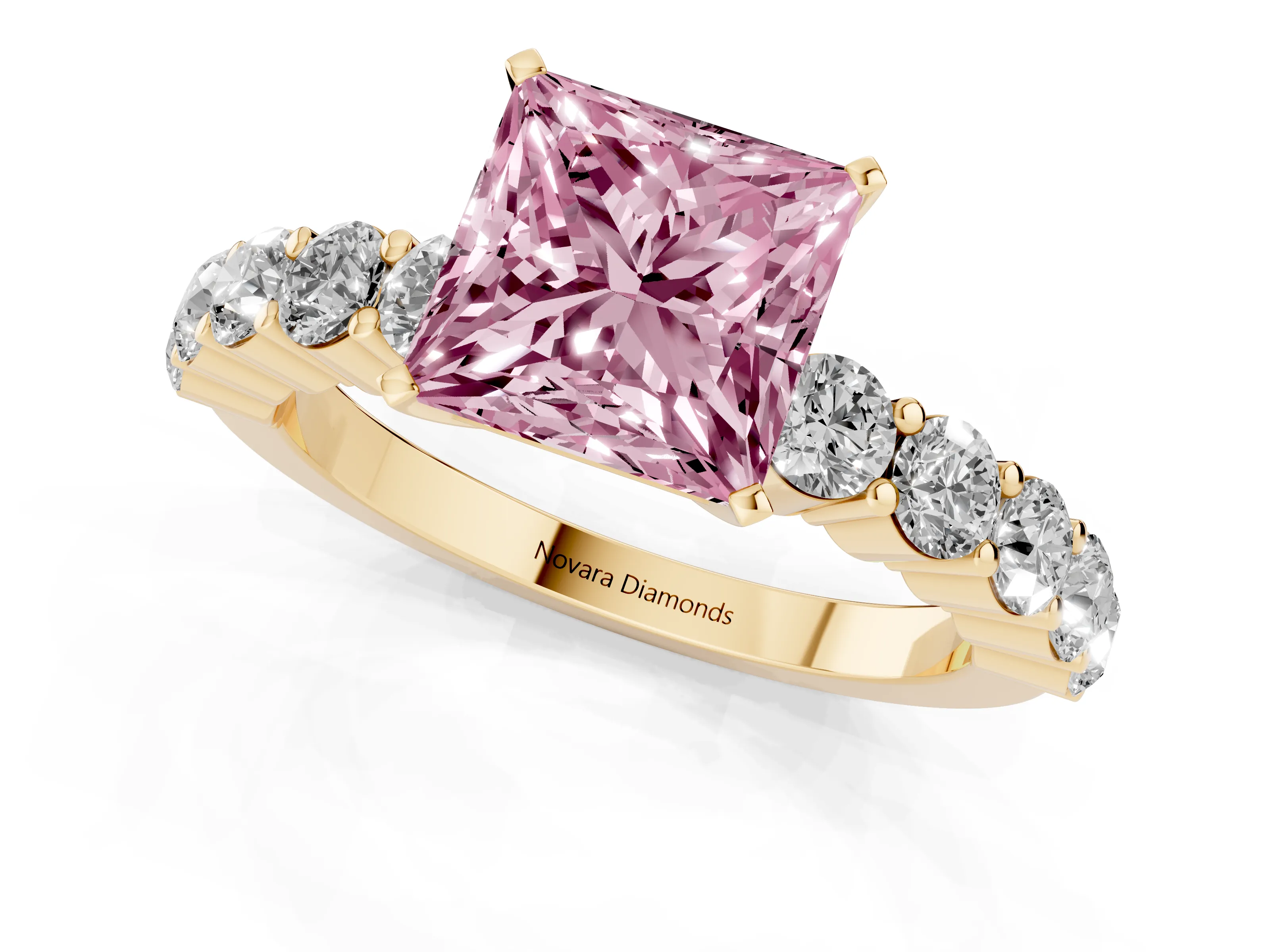 Fancy Pink Princess Cut Diamond Solitaire Ring Set in Yellow gold with Shared Prong Round Side Stones