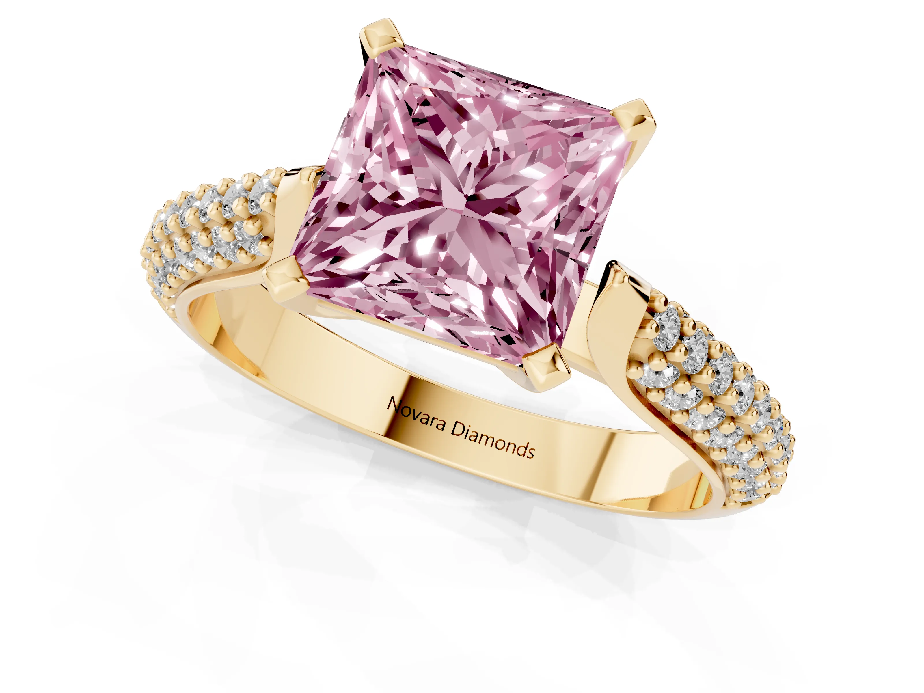 Fancy Pink Princess Cut Diamond Solitaire Engagement Ring Set in Yellow gold with Multi-Row Round Pavé Band and Prong Setting