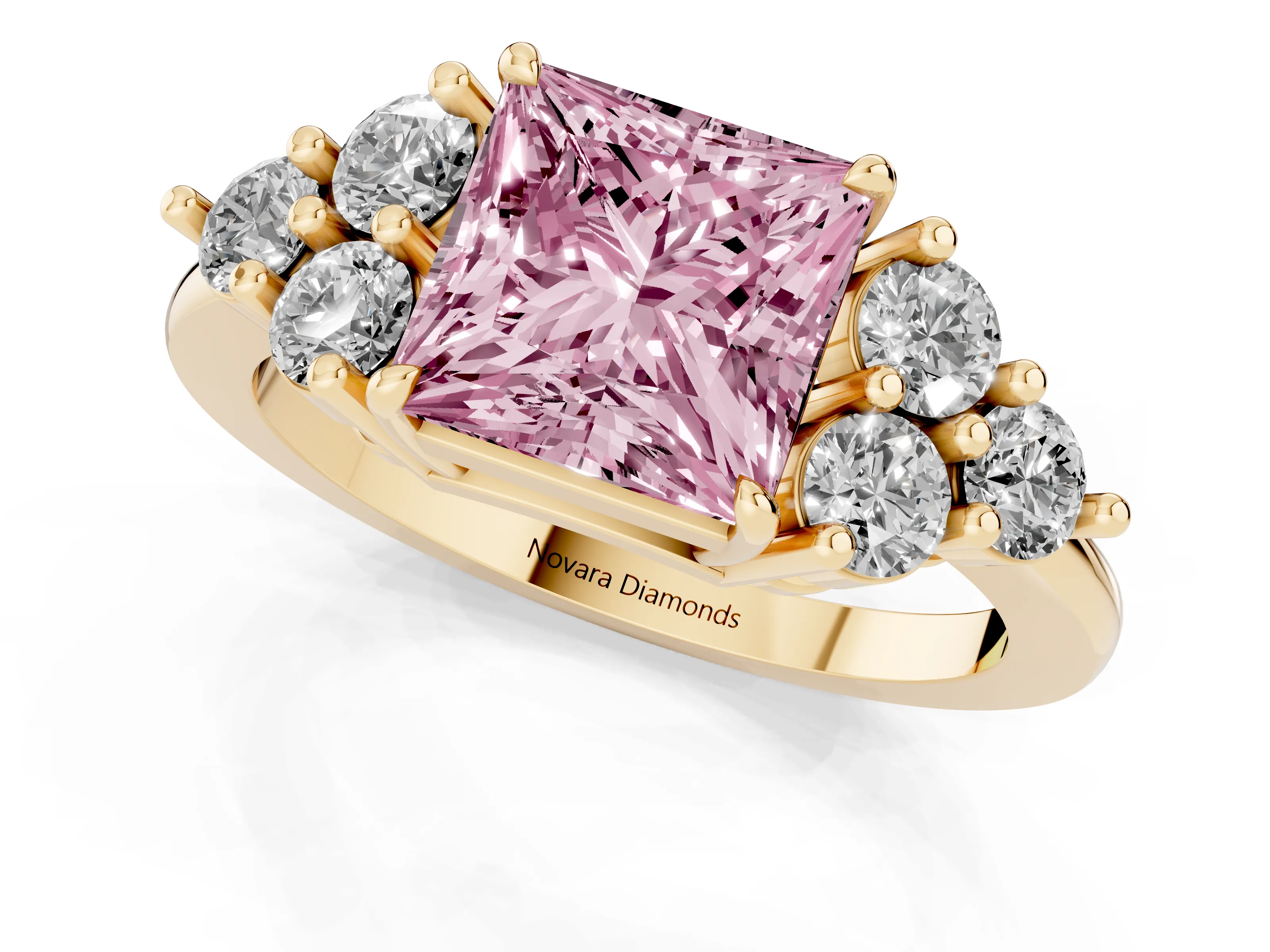 Fancy Pink Princess Cut Diamond Solitaire Ring Set in Yellow gold with Cluster Accents on Each Side