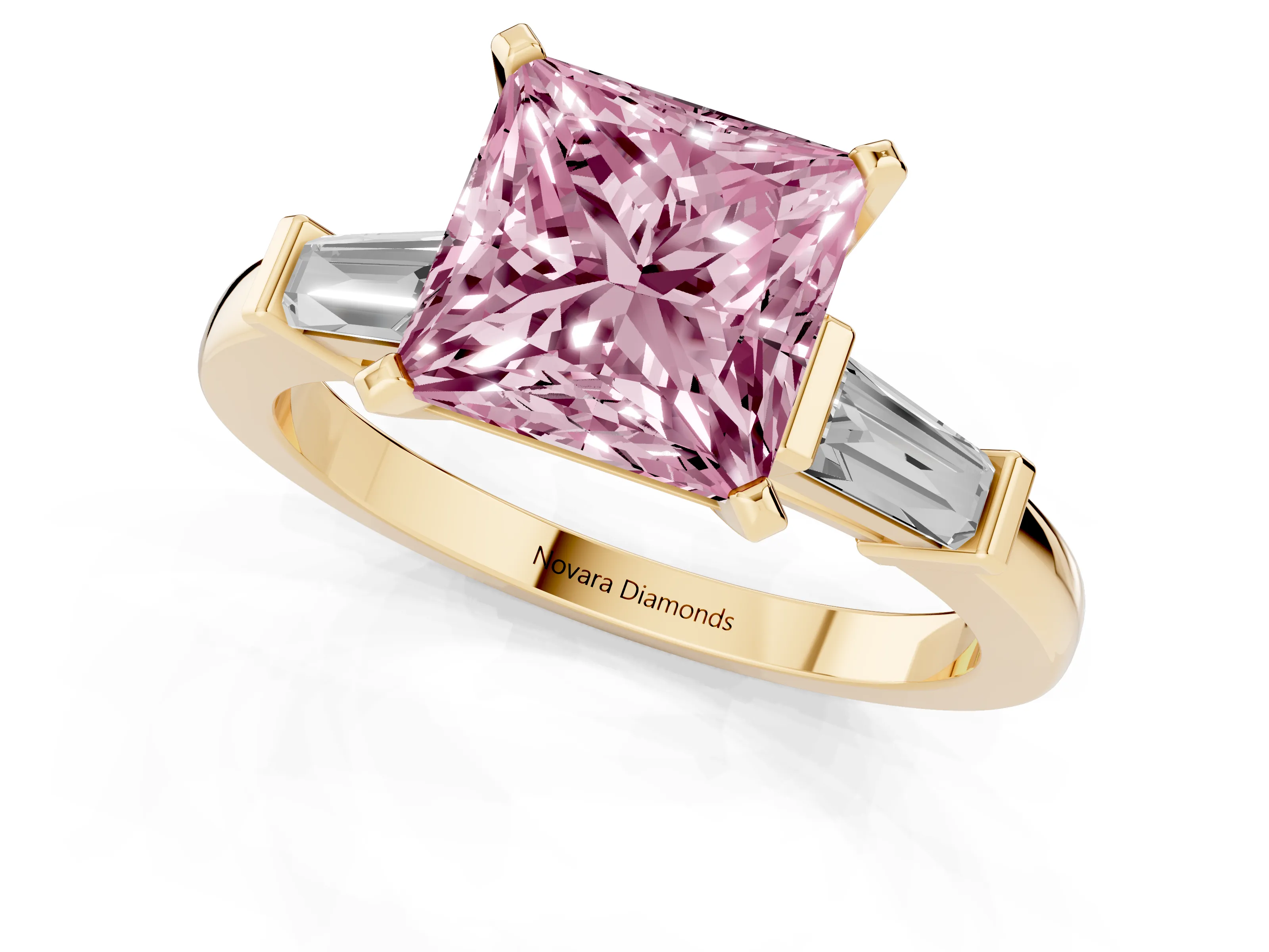 Fancy Pink Princess Cut Diamond Solitaire Ring Set in Yellow gold with Tapered Baguette Accents and Prong Setting