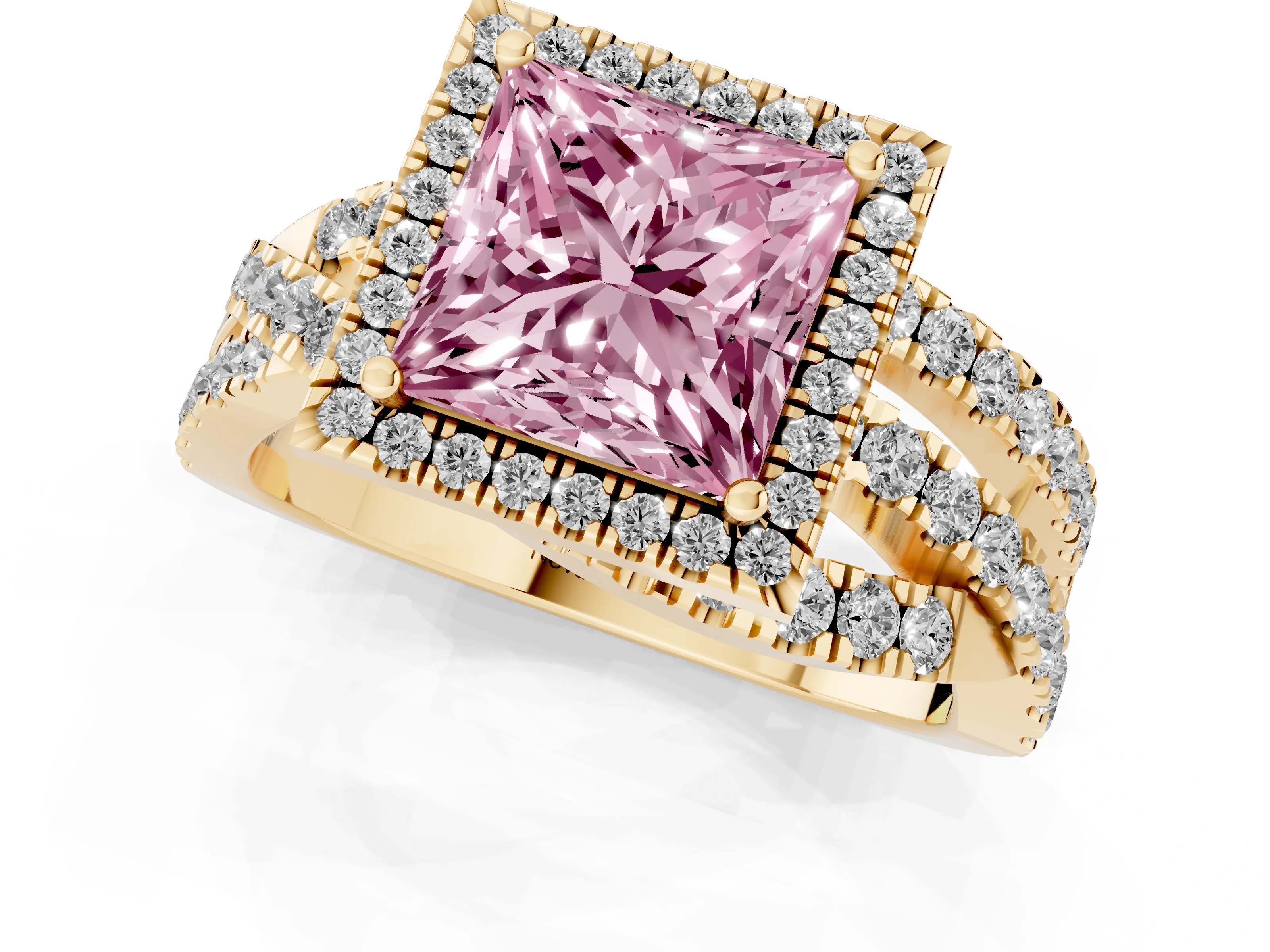 Fancy Pink Princess Cut Diamond Halo Ring Set in Yellow gold with Round Crossover Split Shank and Prong Setting