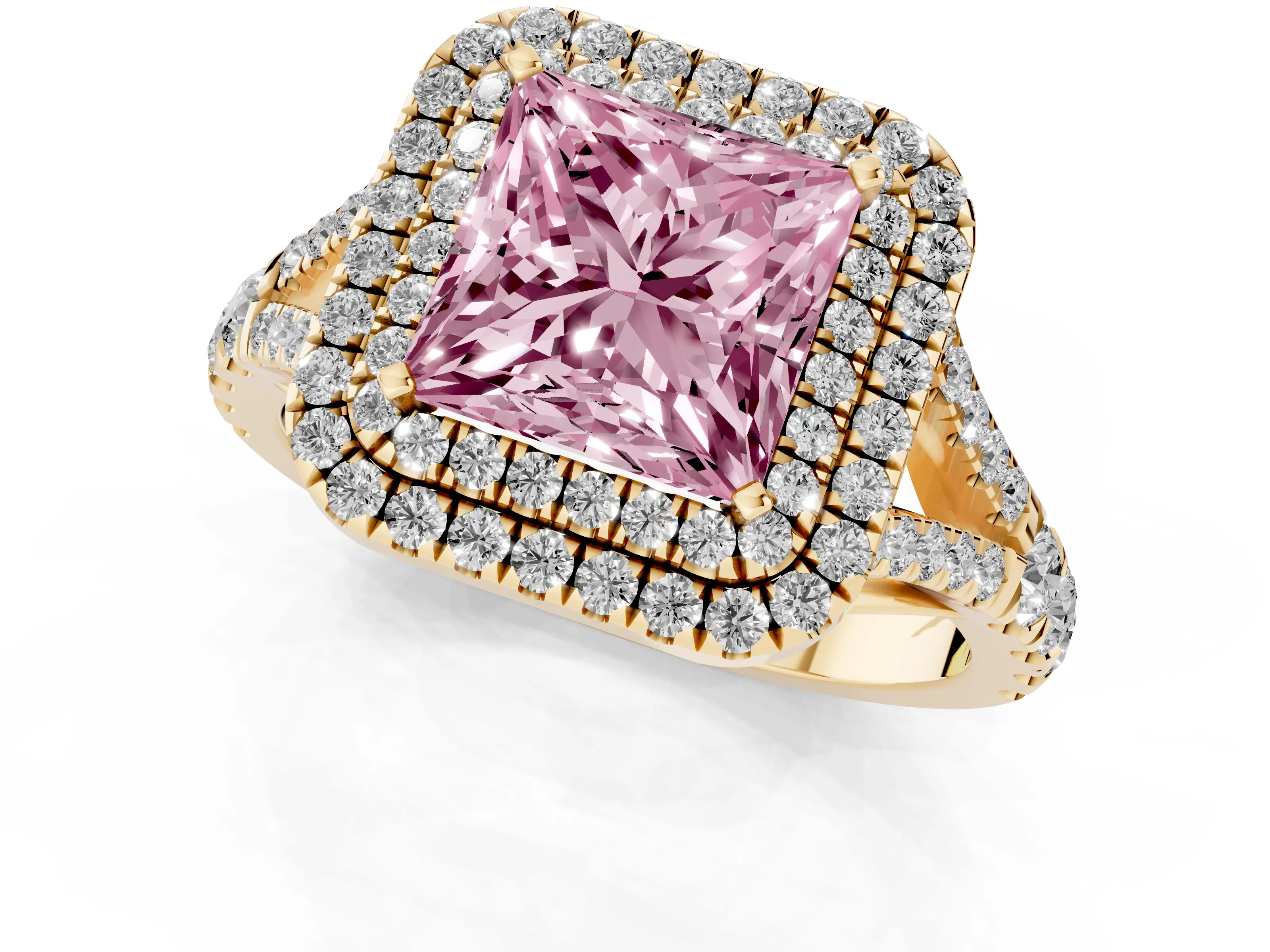 Fancy Pink Princess Cut Diamond Pavé Split Shank Double Halo Engagement Ring Set in Yellow gold