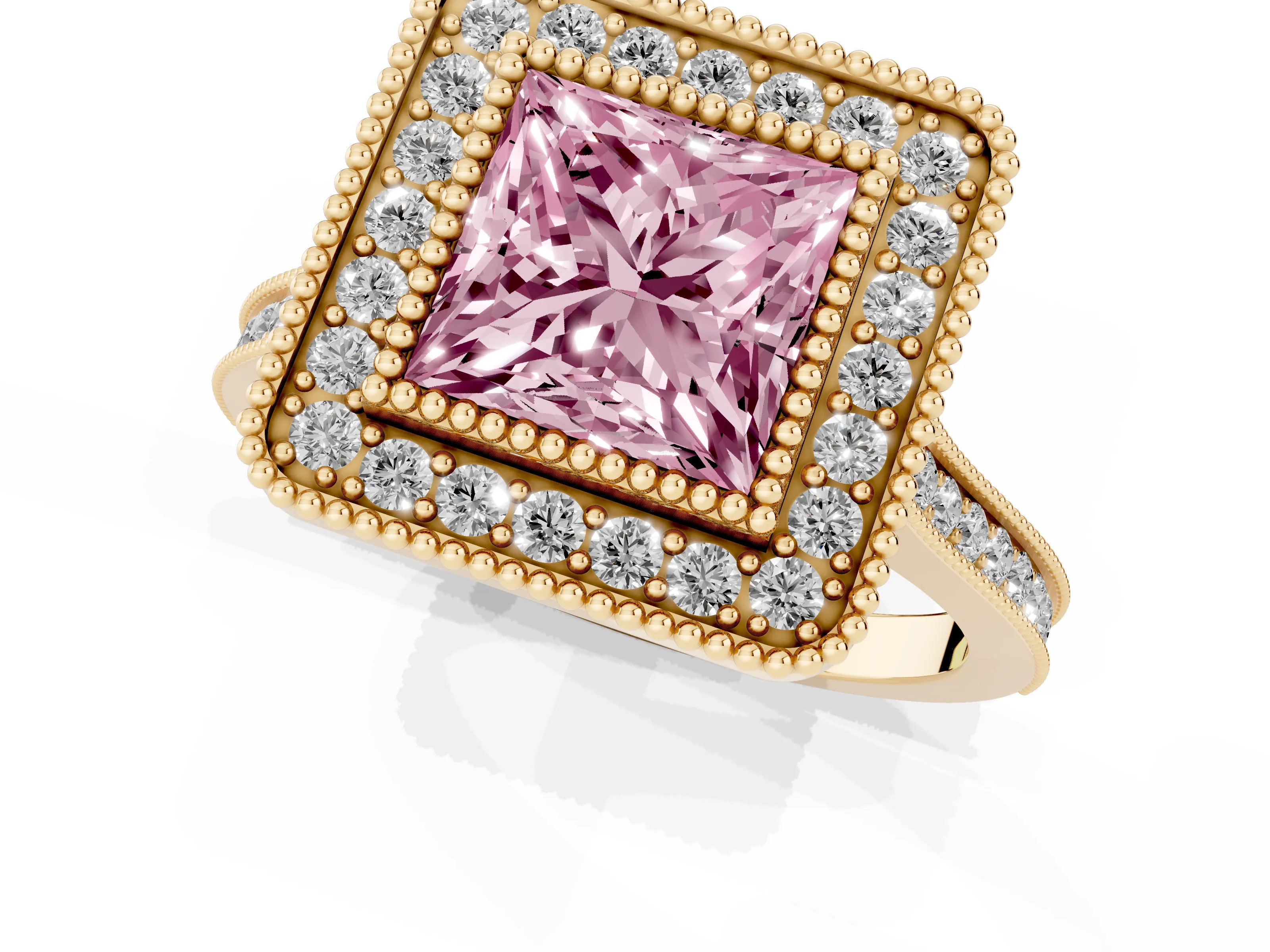 Fancy Pink Princess Cut Diamond Halo Ring Set in Yellow gold with Milgrain Frame and Pavé Band