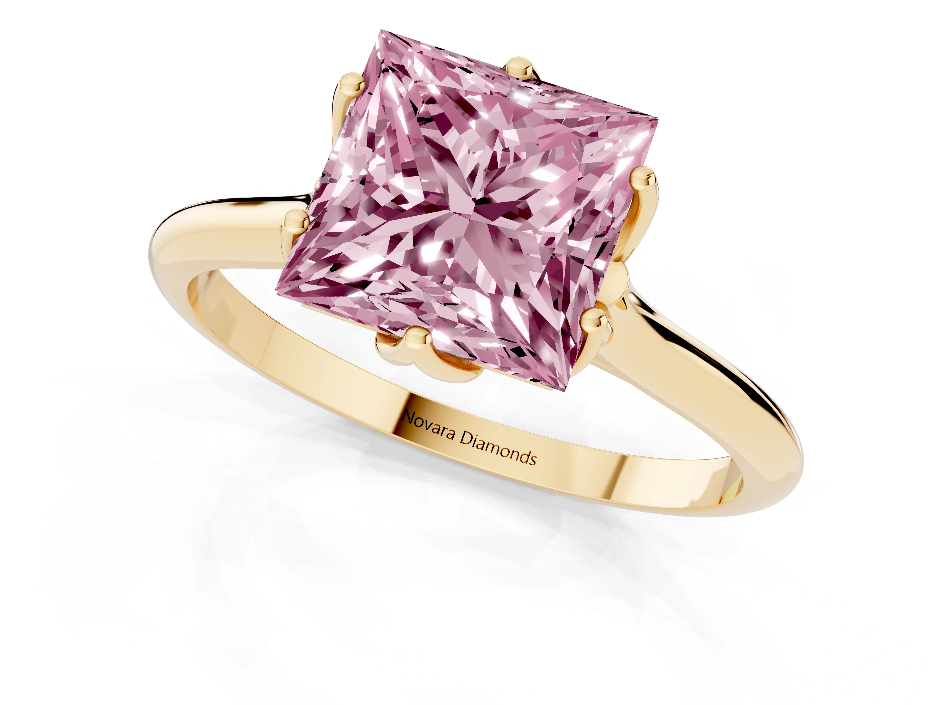 Fancy Pink Princess Cut Diamond Solitaire Cathedral Ring Set in Yellow gold with Prong Setting