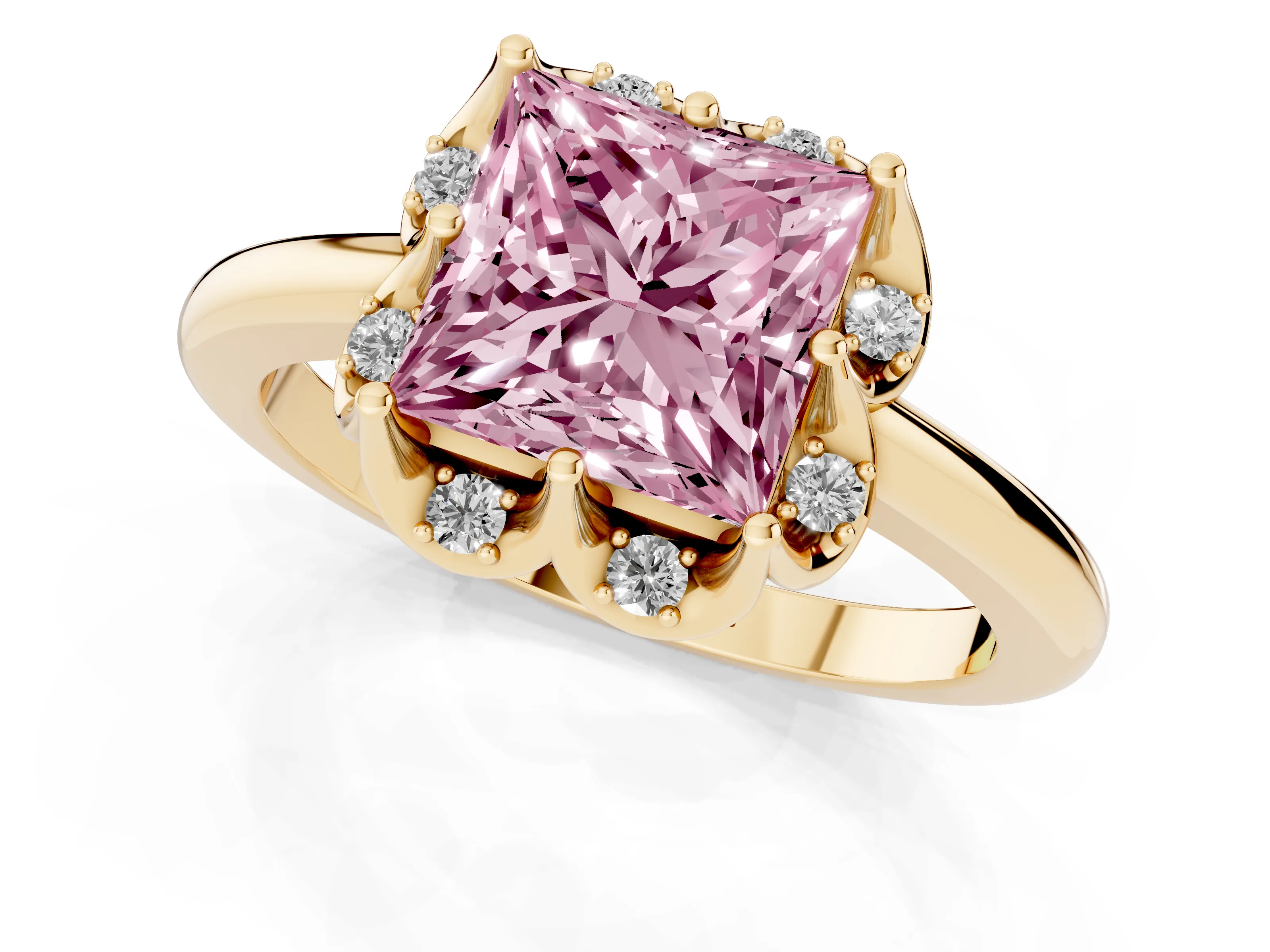 Fancy Pink Princess Cut Diamond Round Cluster Halo Ring Set in Yellow gold with Solitaire Band and Prong Setting