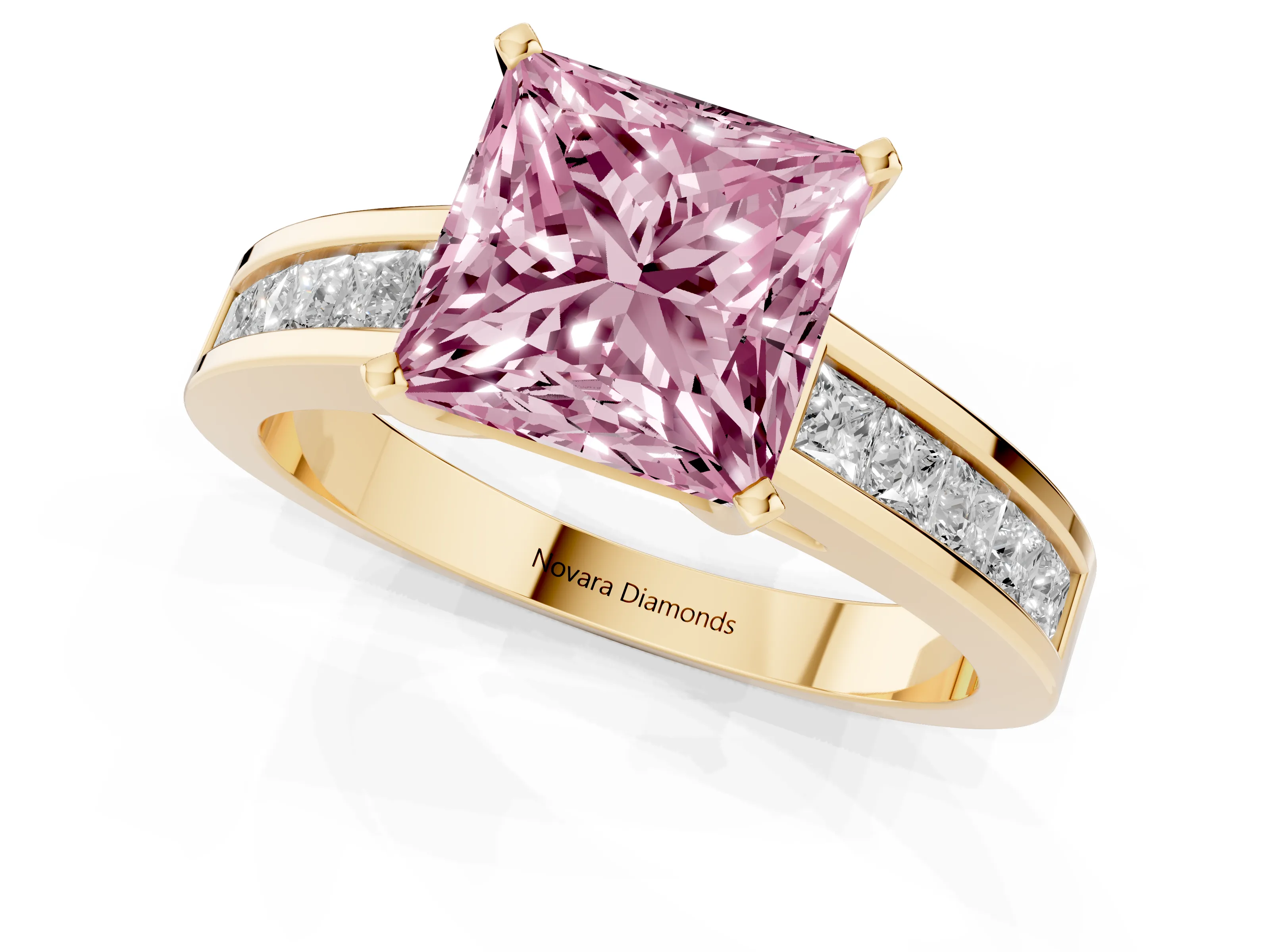 Fancy Pink Princess Cut Diamond Solitaire Ring Set in Yellow gold with Channel-Set Band and Prong Setting