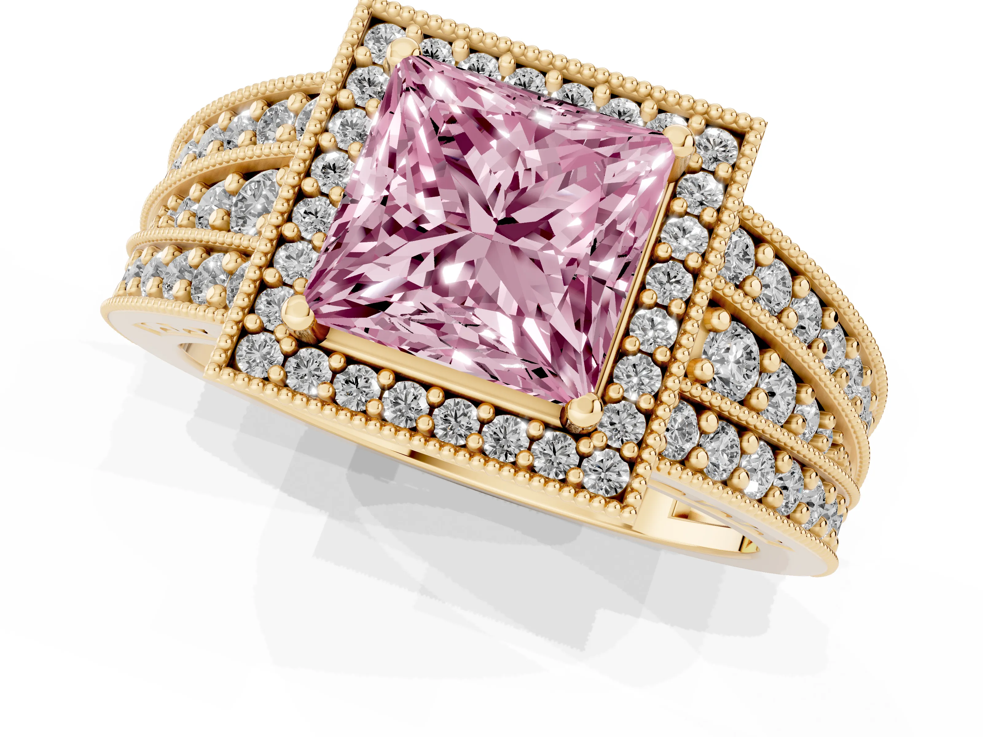 Fancy Pink Princess Cut Diamond Halo Ring Set in Yellow gold with Accent Split Shank and Prong Setting