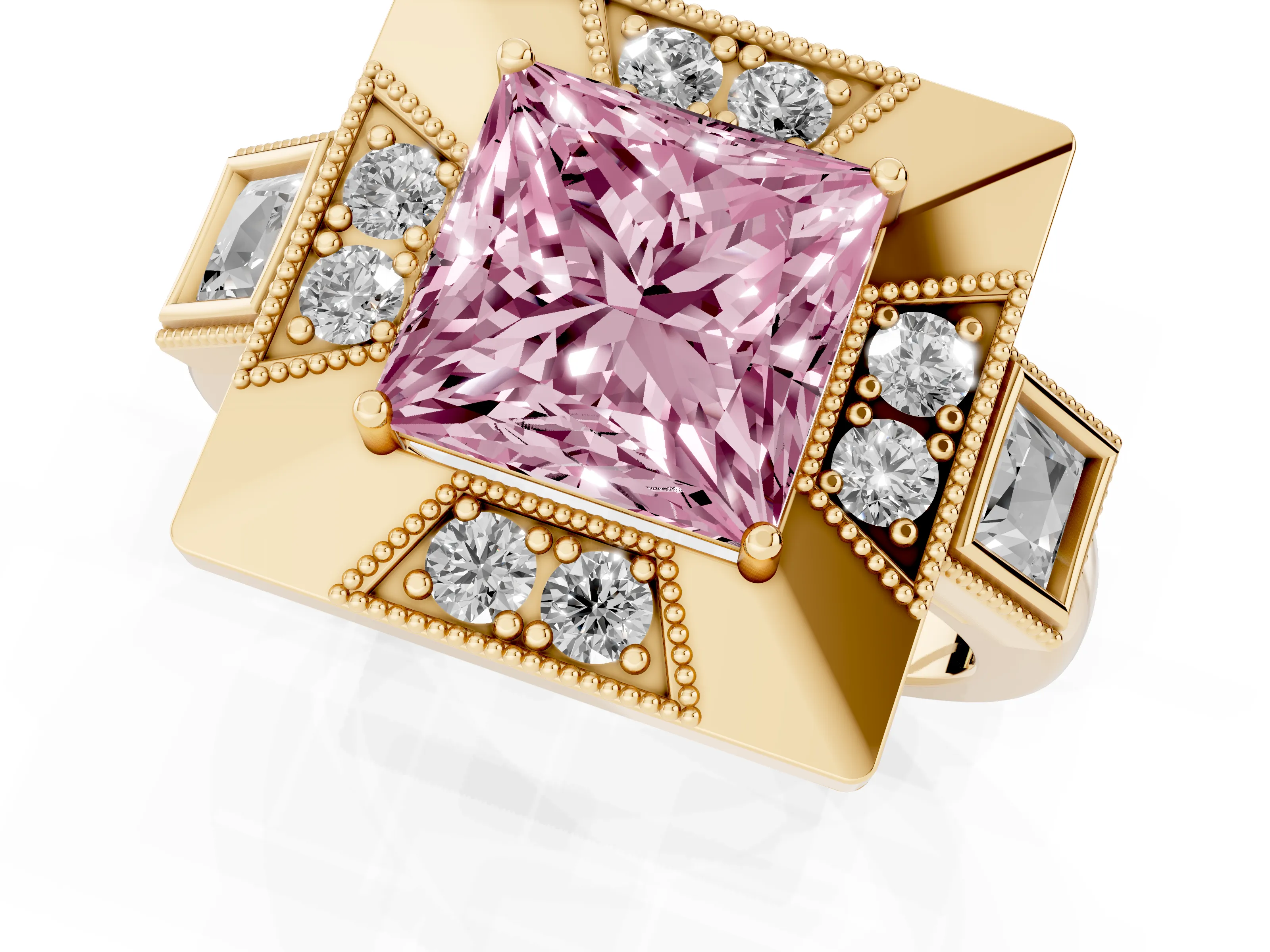 Fancy Pink Princess Cut Diamond Milgrain Halo Ring Set in Yellow gold with Split Shank