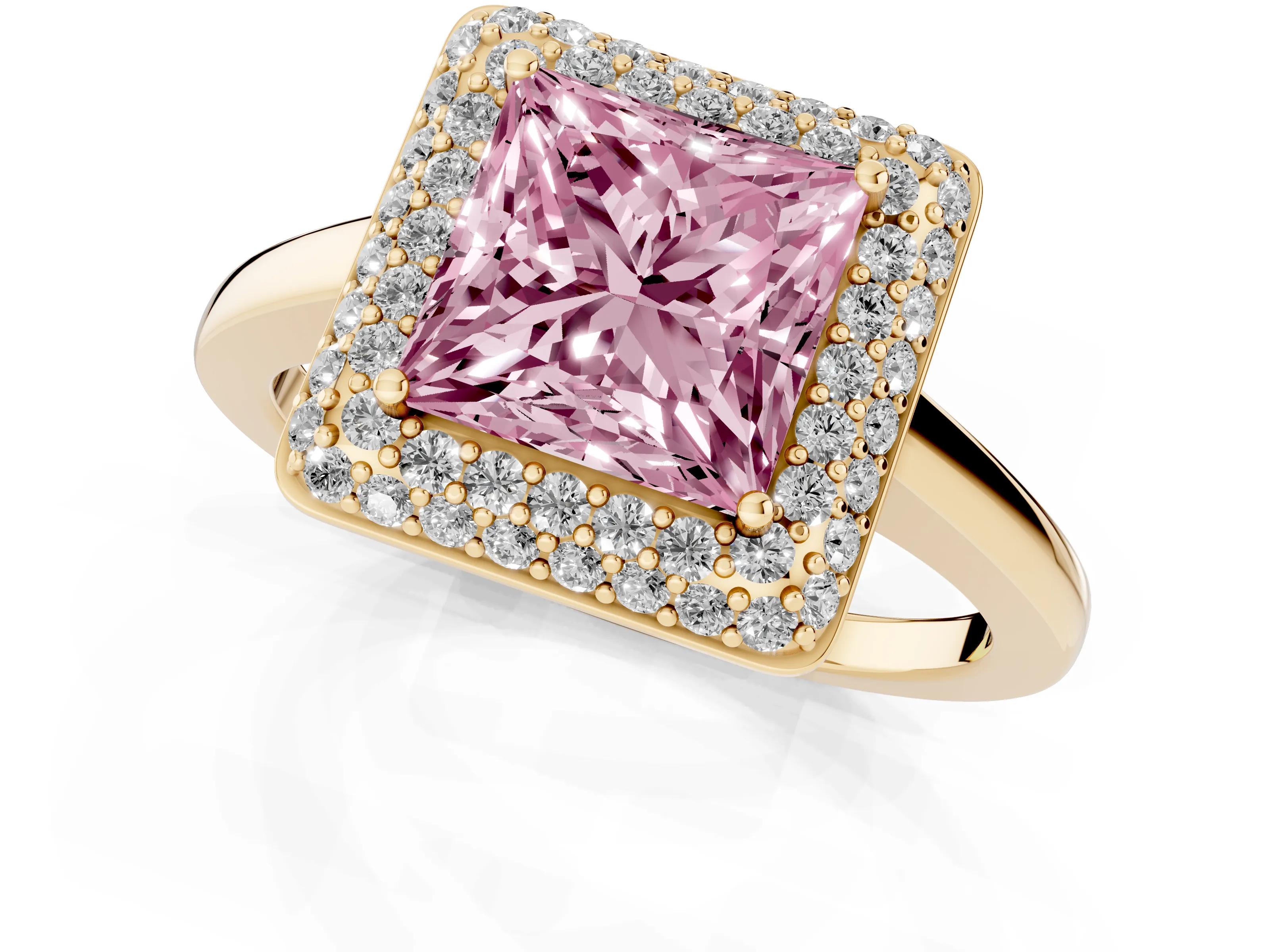Fancy Pink Princess Cut Diamond Halo Engagement Ring Set in Yellow gold with Solitaire Band and Prong Setting