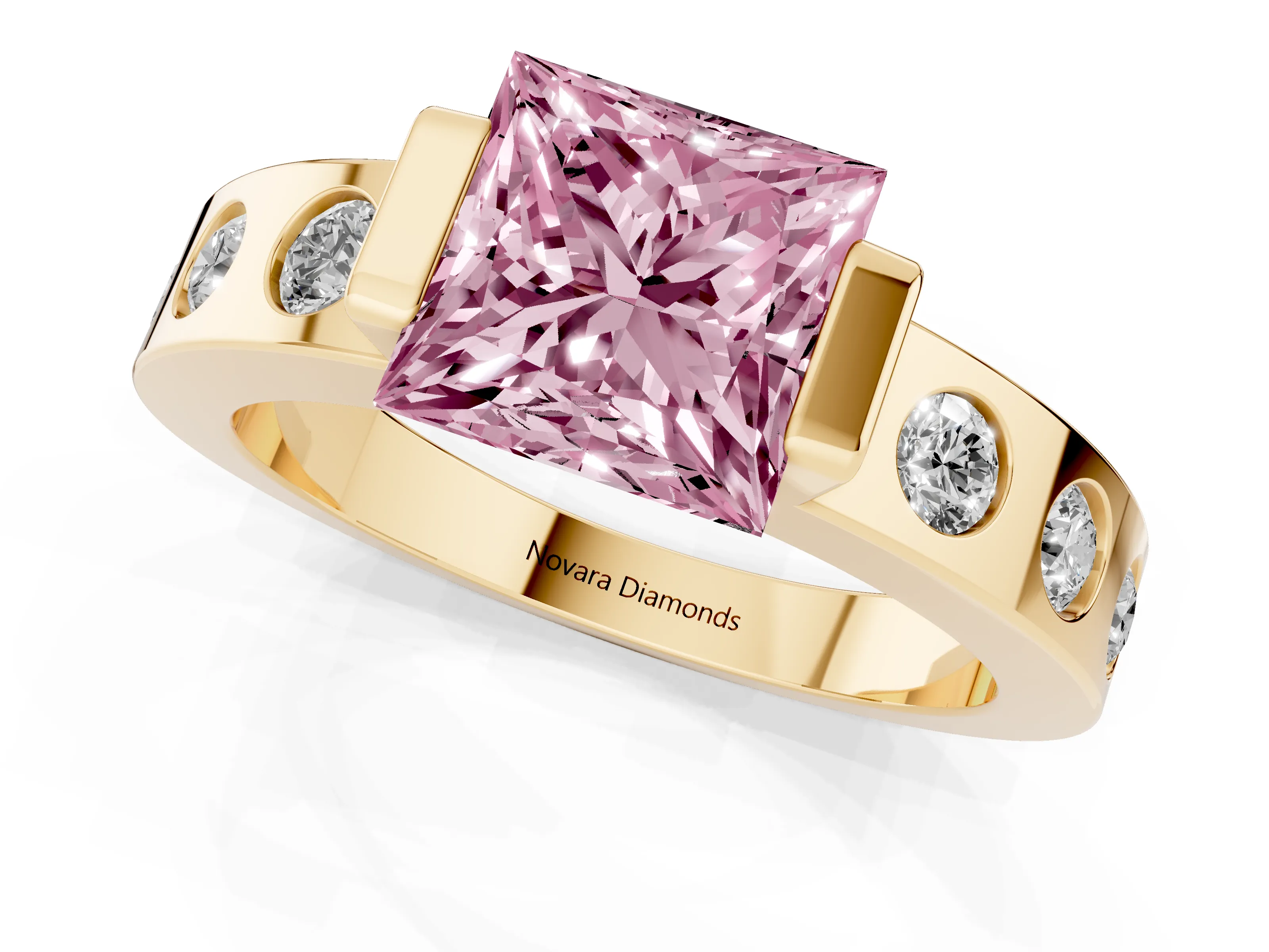 Fancy Pink Princess Cut Diamond Channel-Set Band Ring Set in Yellow gold with Bezel Prong Setting
