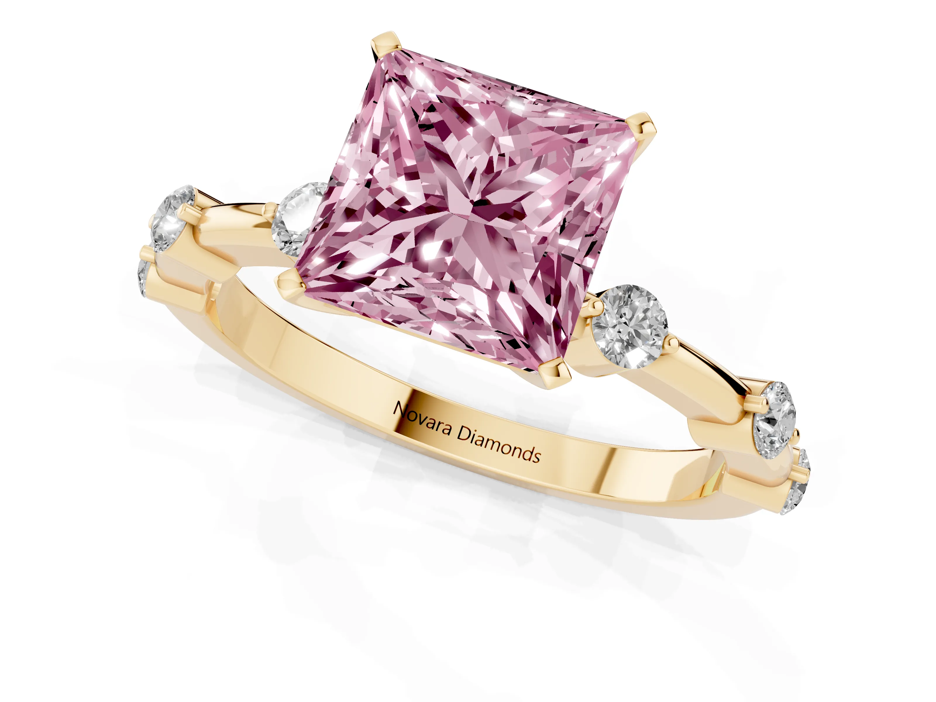 Fancy Pink Princess Cut Diamond Solitaire Ring Set in Yellow gold with Bezel Set Side Stones and Prong Setting