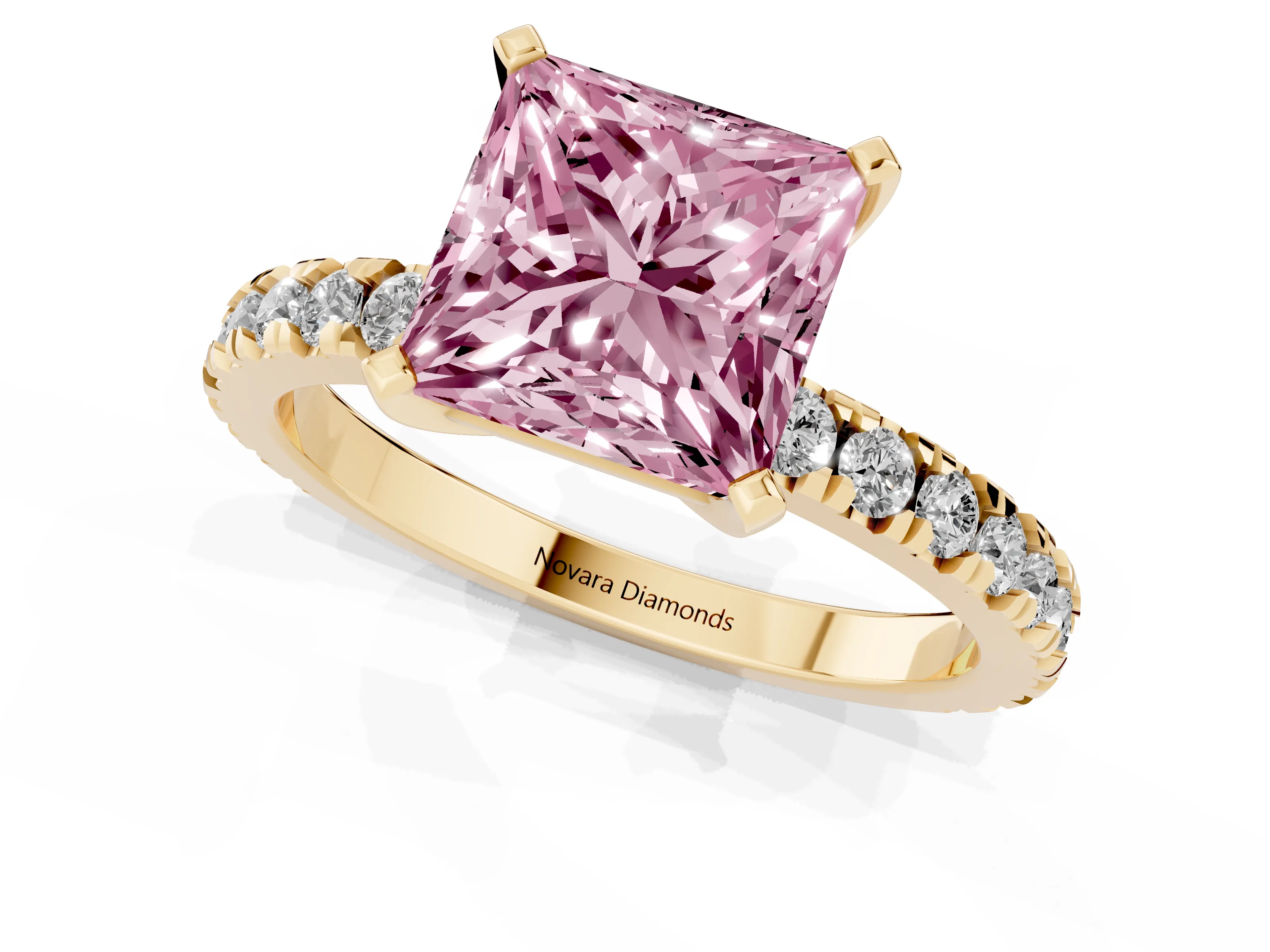 Fancy Pink Princess Cut Diamond Pavé Band Solitaire Set in Yellow gold with Prong Setting