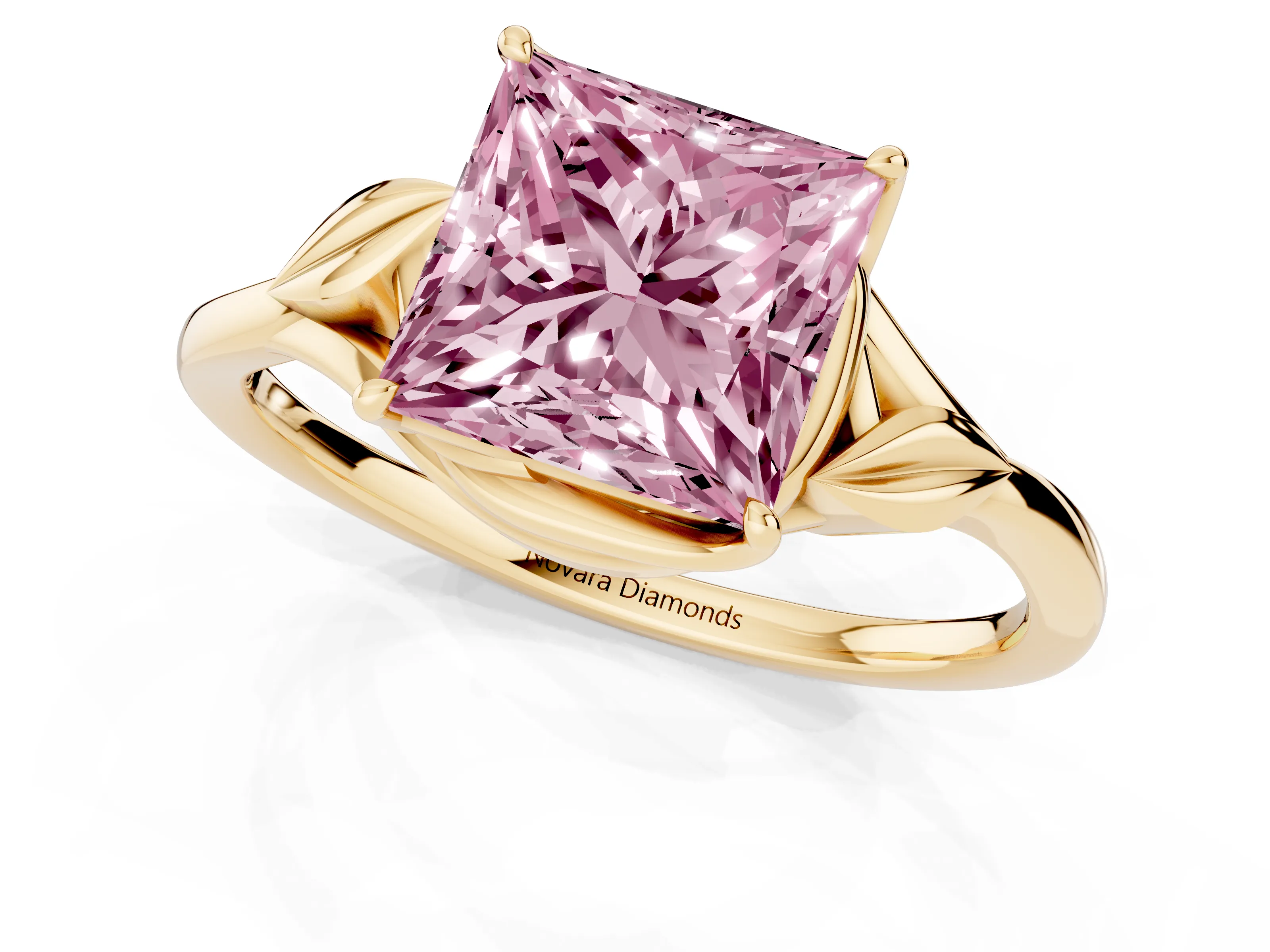 Fancy Pink Princess Cut Diamond Solitaire Ring Set in Yellow gold with Polished Twist Band