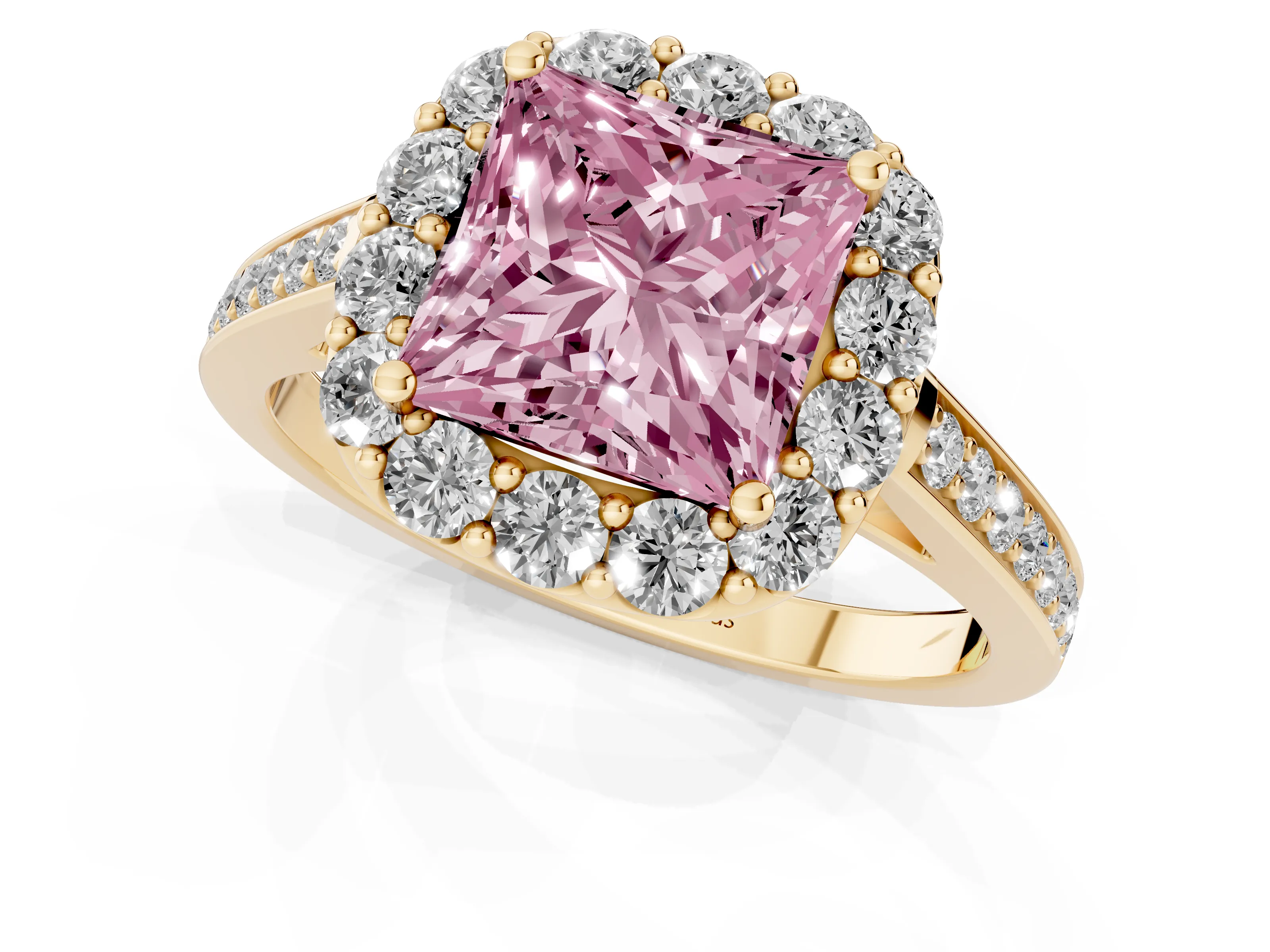 Fancy Pink Princess Cut Diamond Floral Halo Ring Set in Yellow gold with Pavé Band and Prong Setting