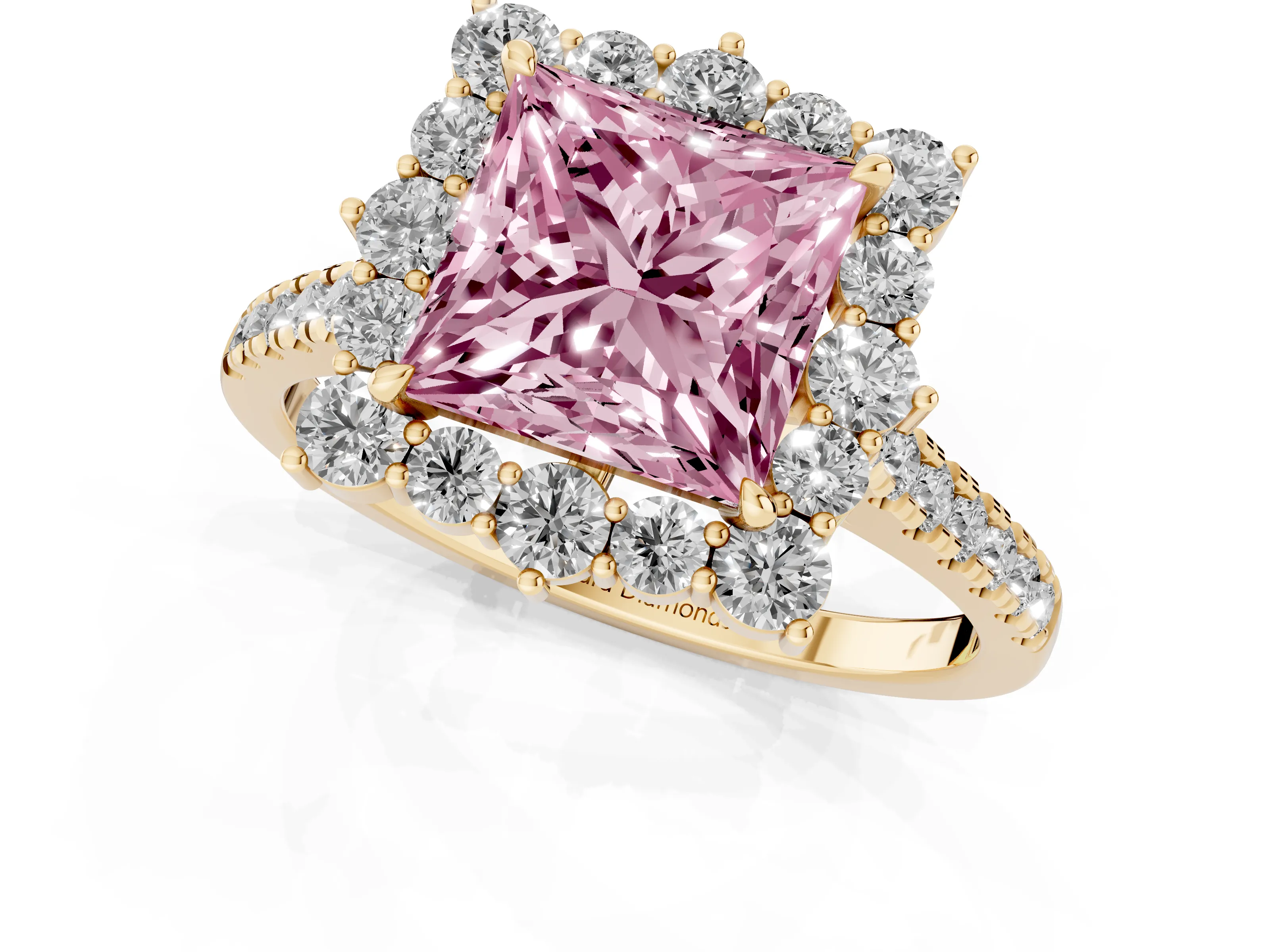 Fancy Pink Princess Cut Diamond Halo Ring Set in Yellow gold with Pavé Band and Prong Setting