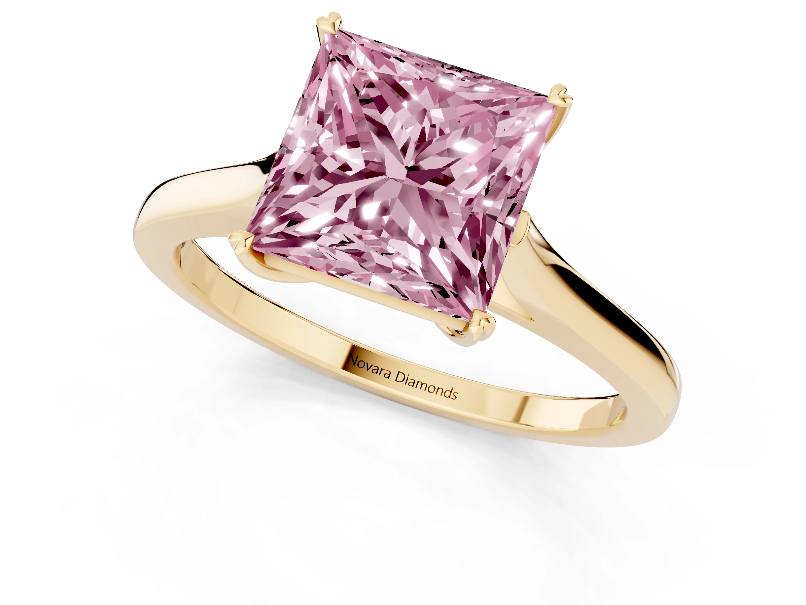 Fancy Pink Princess Cut Diamond Solitaire Heart Prong Engagement Ring Set in Yellow gold with Tapered Band