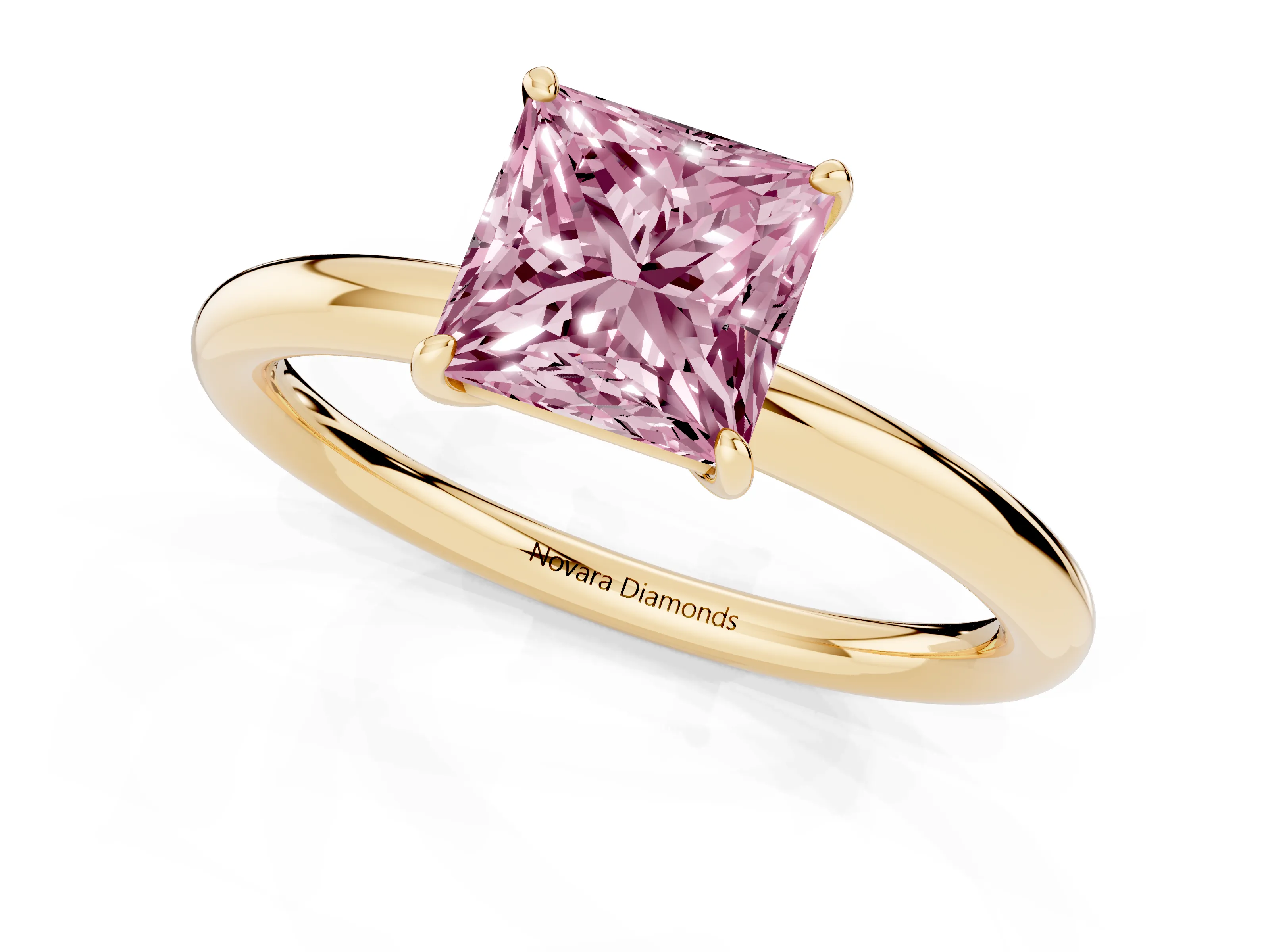 Fancy Pink Princess Cut Diamond Solitaire Ring Set in Yellow gold with Prong Setting on a Polished Plain Band