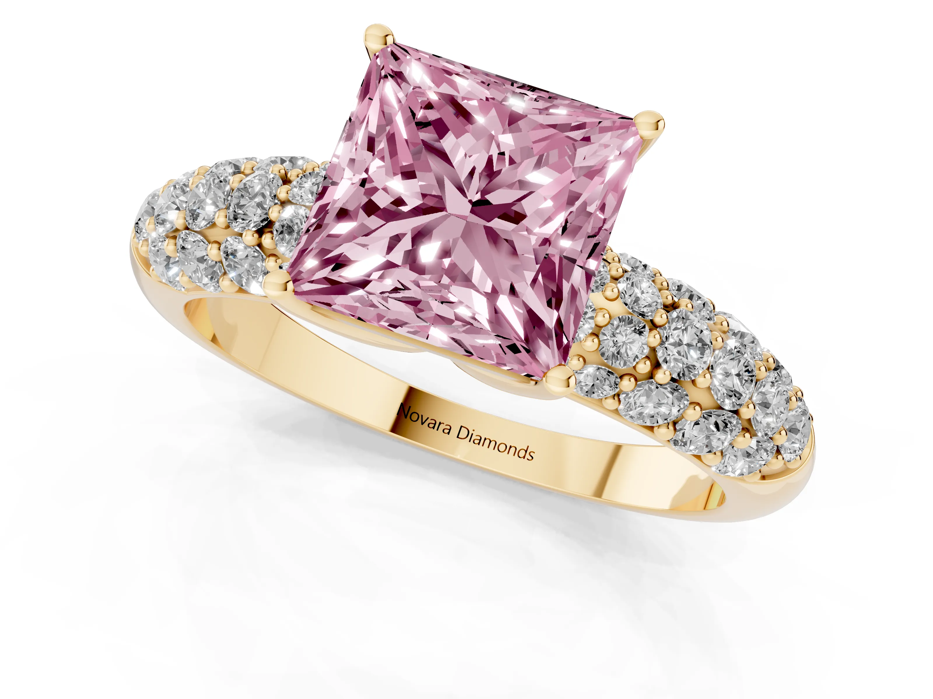 Fancy Pink Princess Cut Diamond Pavé Band Solitaire Ring Set in Yellow gold with Close-Set Accent Stones and Prong Setting