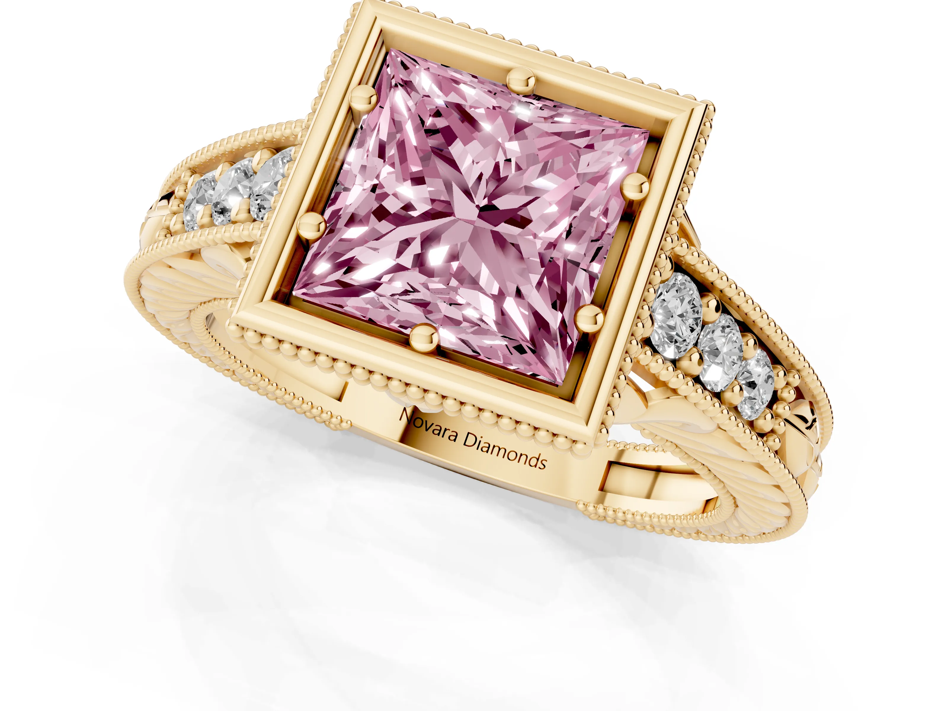 Fancy Pink Bezel Set Princess Cut Diamond Milgrain Pavé Engagement Ring Set in Yellow gold