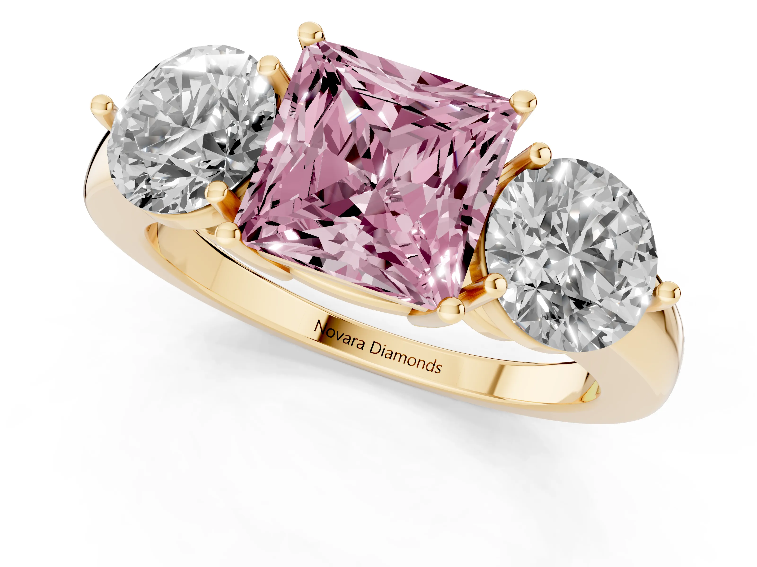 Fancy Pink Princess Cut Diamond Three-Stone Ring Set in Yellow gold with Prong Setting and Plain Band