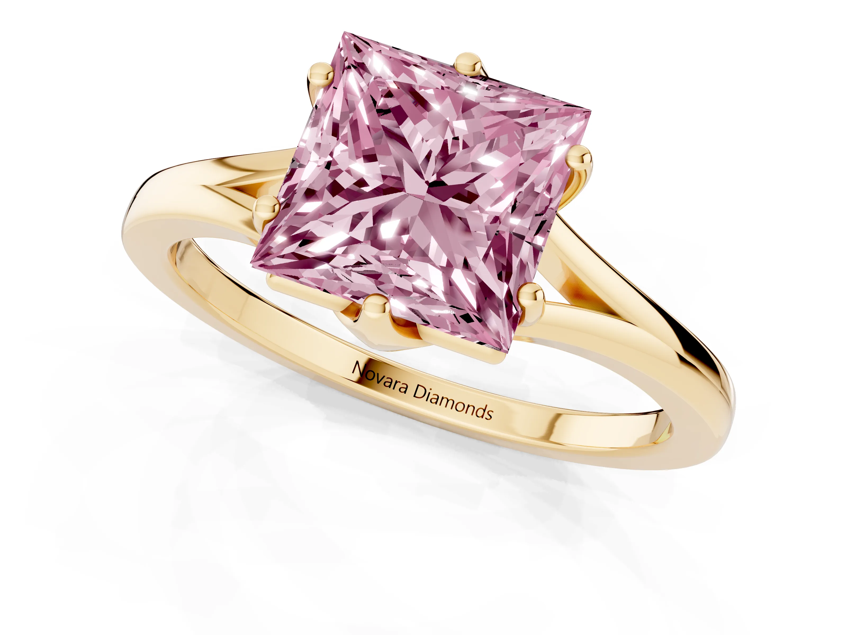 Fancy Pink Princess Cut Diamond Solitaire Ring Set in Yellow gold with Polished Tapered Band and Prong Setting