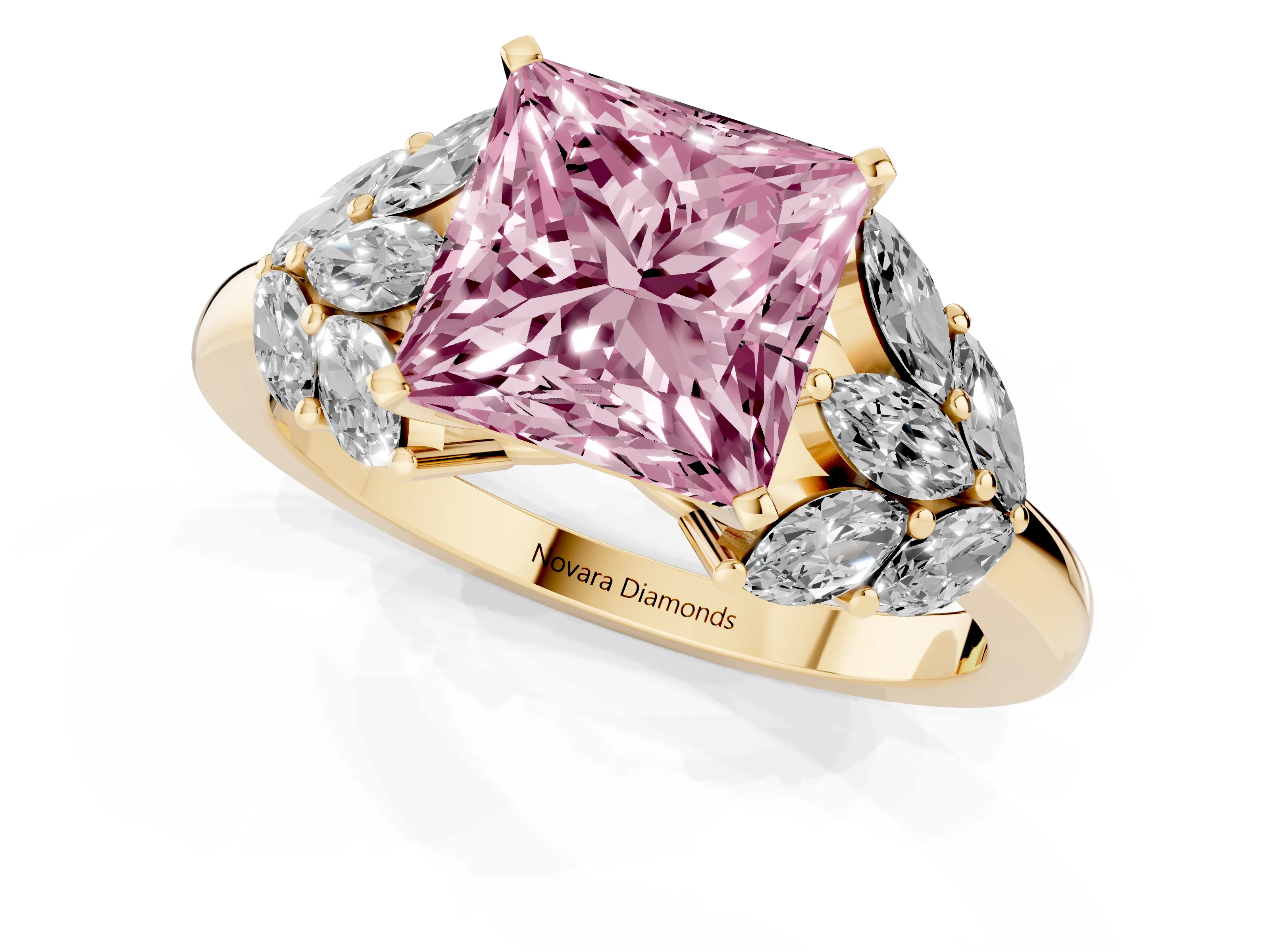 Fancy Pink Princess Cut Diamond Cluster Leaf Design Ring Set in Yellow gold with Prong Setting