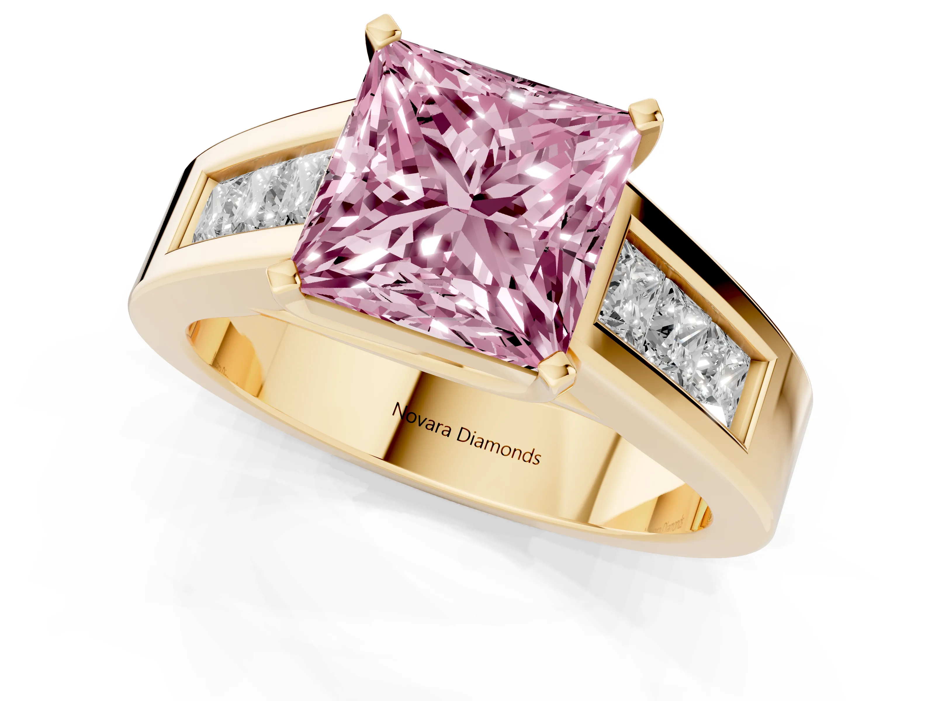 Fancy Pink Princess Cut Diamond Solitaire Ring Set in Yellow gold with Channel-Set Accent Stones and Prong Setting