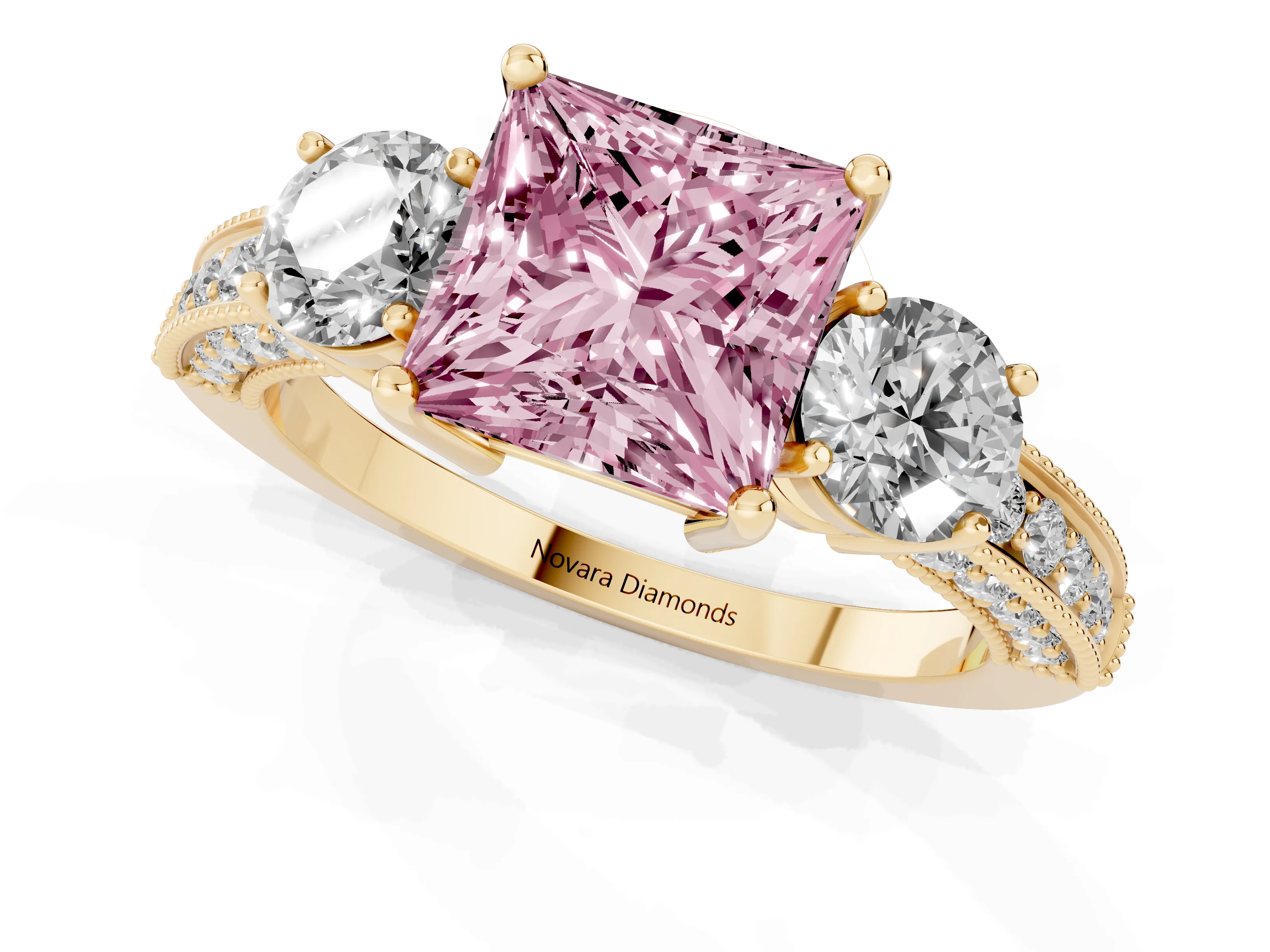 Fancy Pink Princess Cut Diamond Three-Stone Ring Set in Yellow gold with Round Side Stones and Pavé Band