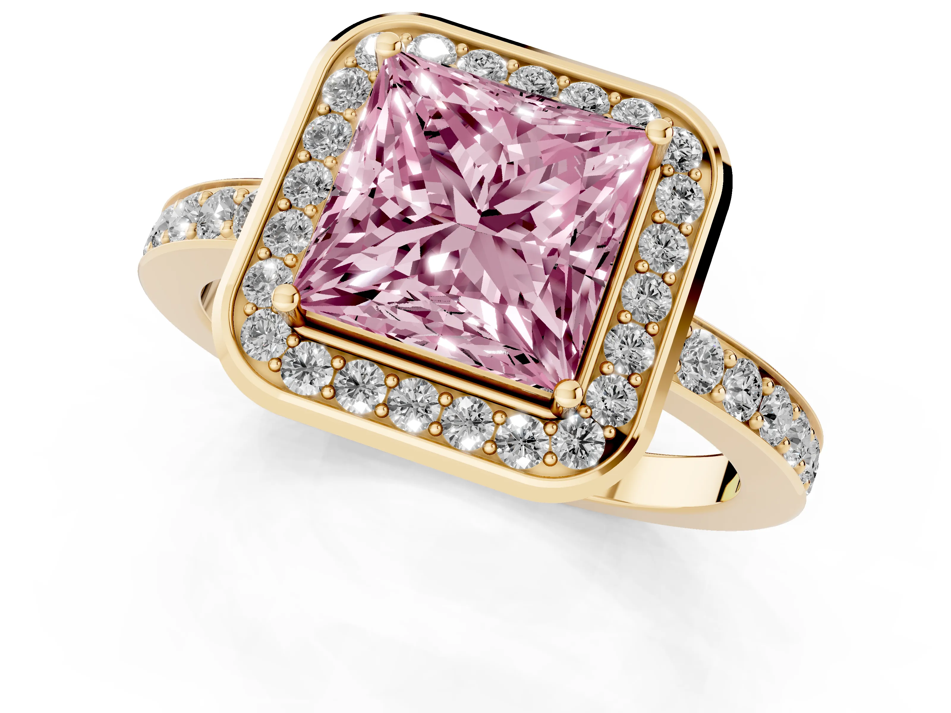 Fancy Pink Princess Cut Diamond Halo Ring Set in Yellow gold with Bezel Frame and Pavé Band