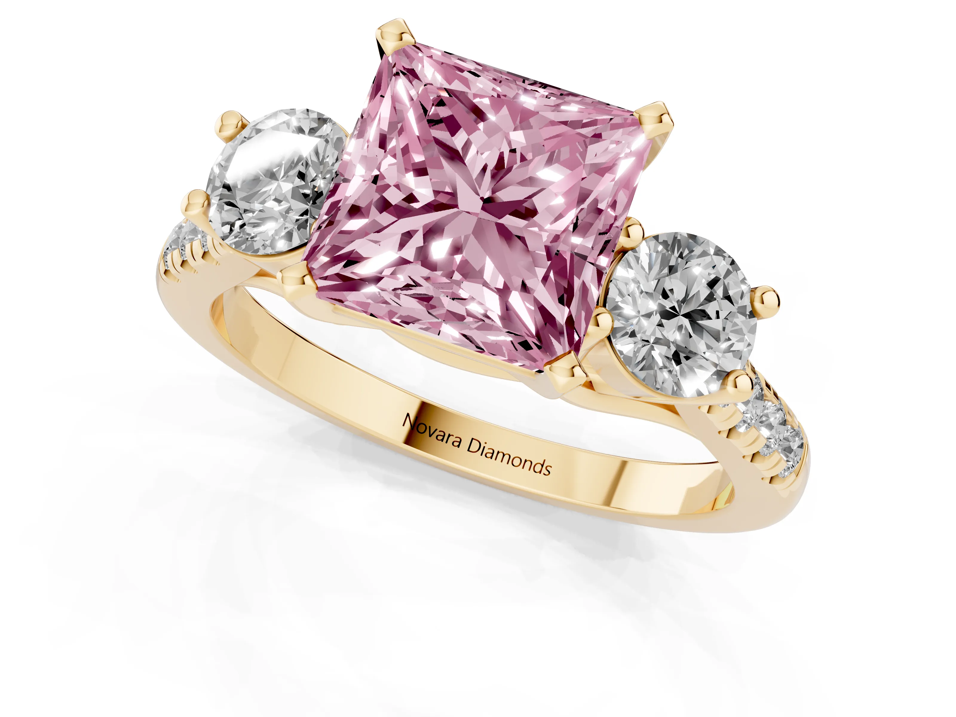 Fancy Pink Three-Stone Princess Cut Diamond Pavé Band Ring Set in Yellow gold with Prong-Set Trio