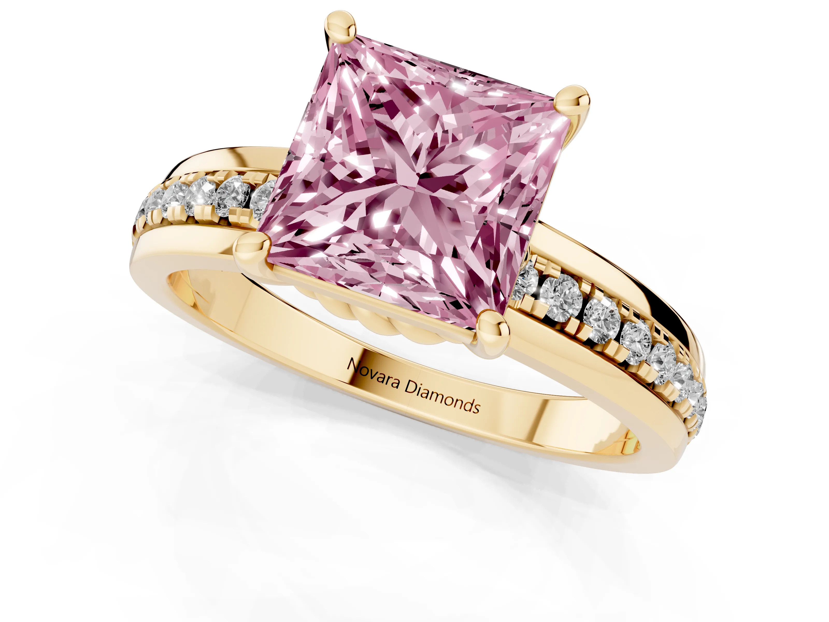 Fancy Pink Princess Cut Diamond Solitaire Ring Set in Yellow gold with Channel Set Band and Prong Setting