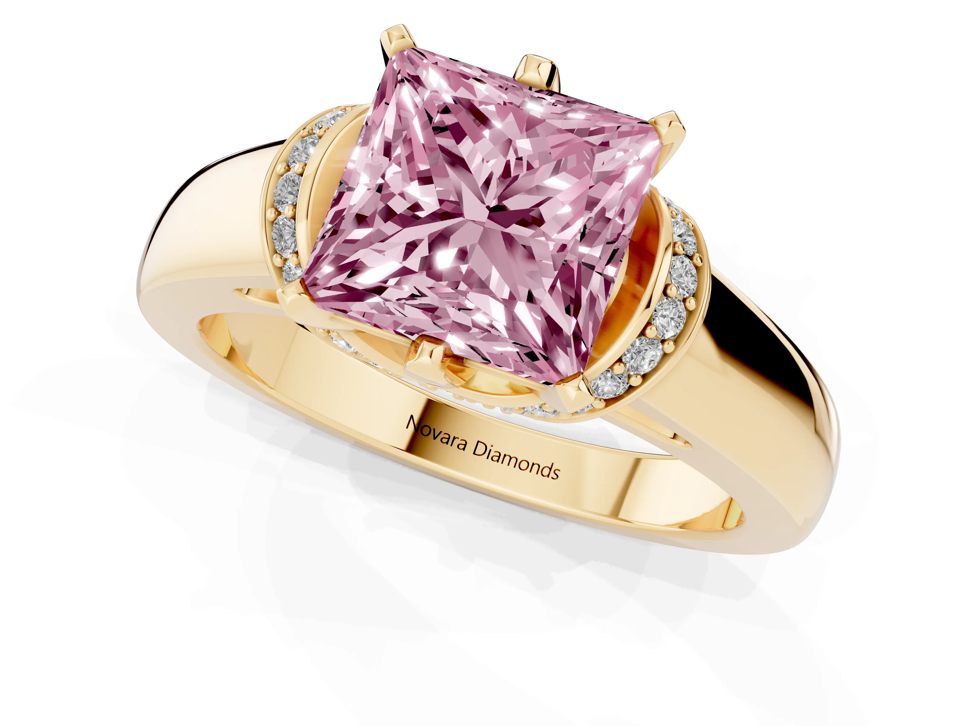 Fancy Pink Princess Cut Diamond Pavé Band Solitaire Ring Set in Yellow gold with Prong Setting