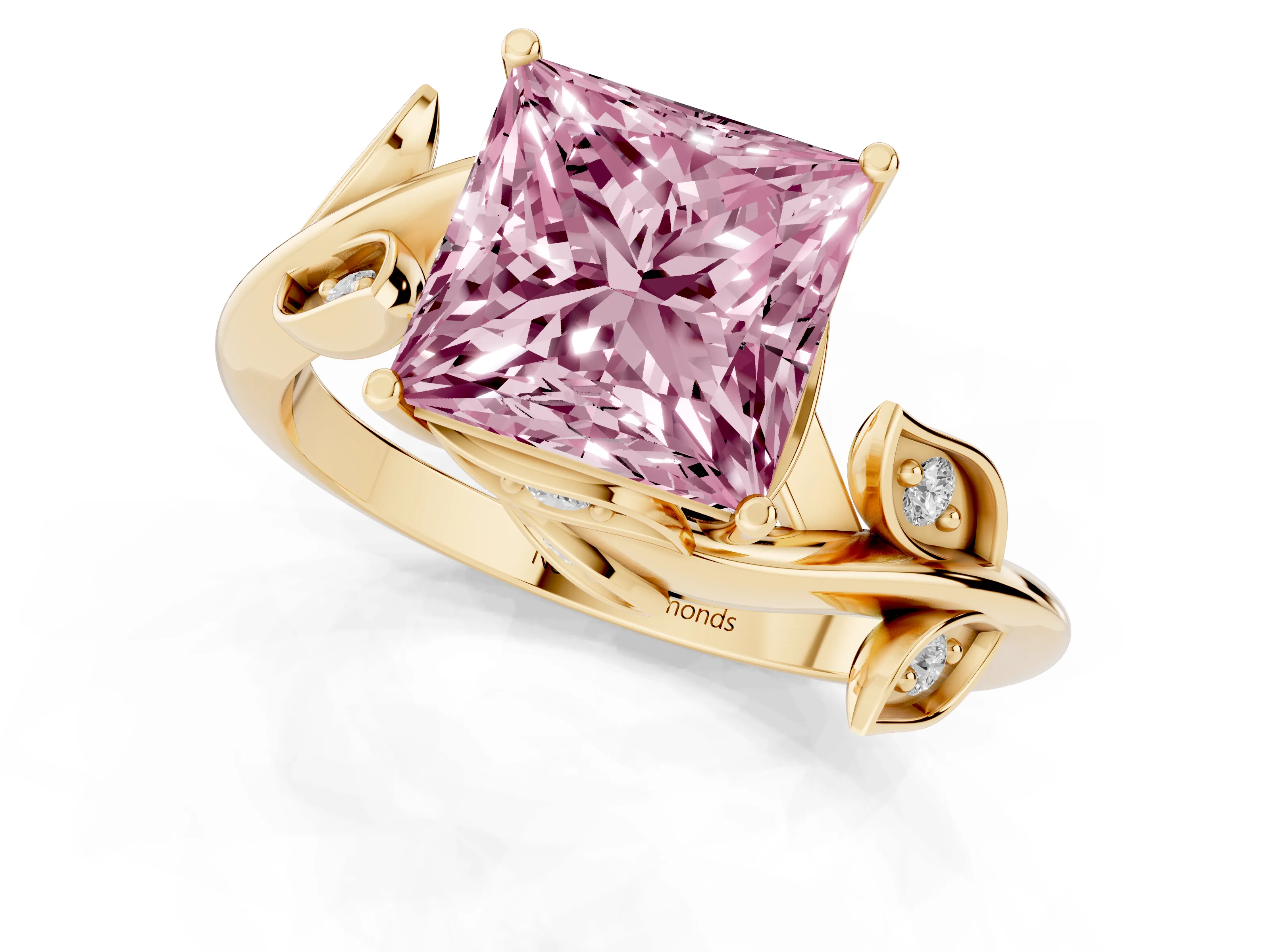 Fancy Pink Princess Cut Diamond Solitaire Twist Engagement Ring Set in Yellow gold with Pavé Leaf Accents