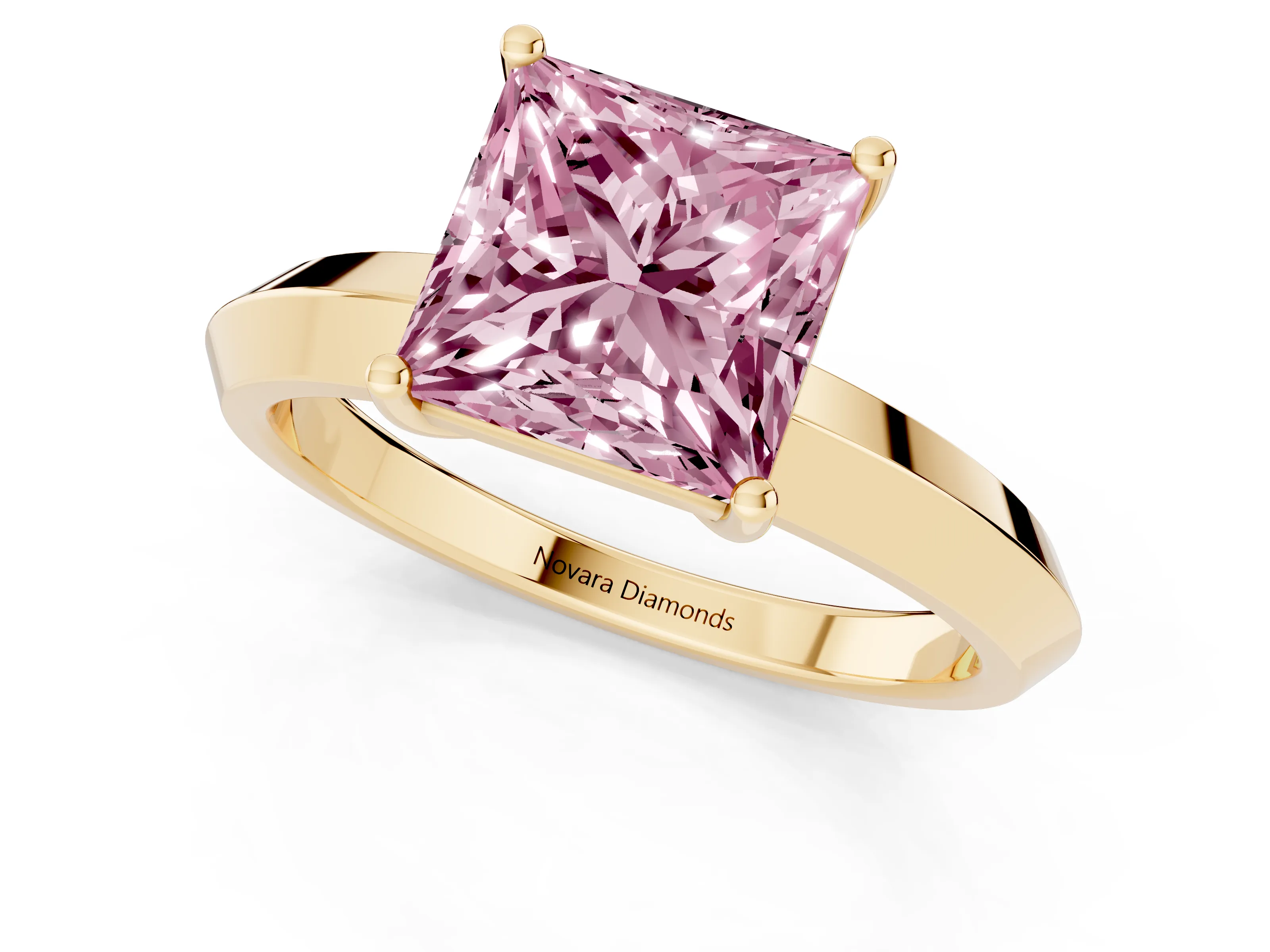 Fancy Pink Princess Cut Diamond Solitaire Engagement Ring Set in Yellow gold with Flat Band and Prong Setting