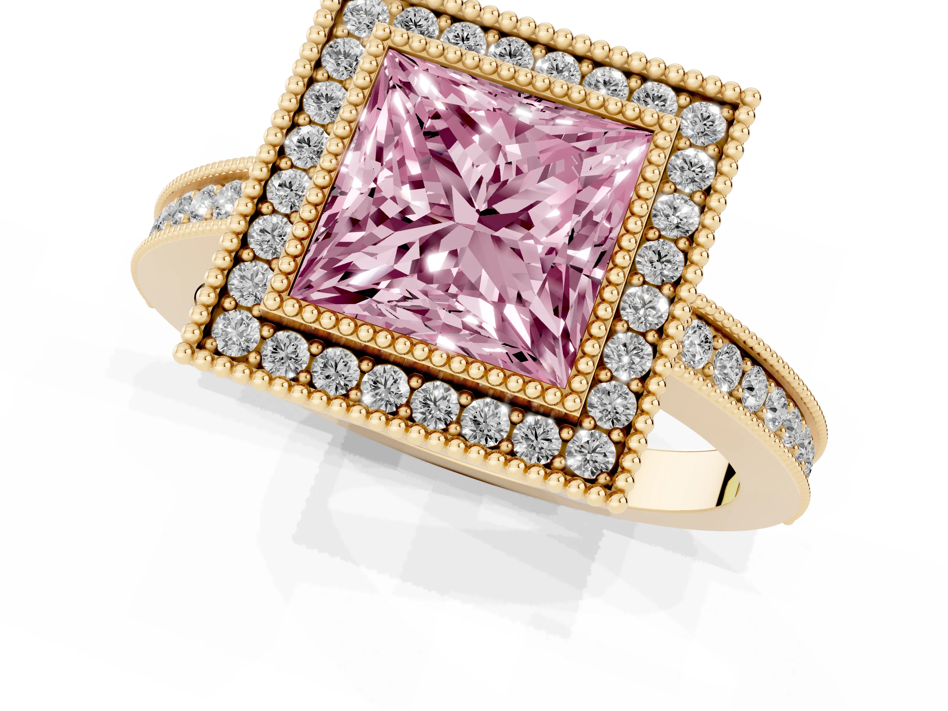Fancy Pink Princess Cut Diamond Halo Ring Set in Yellow gold with Pavé Band and Milgrain-Edged Prongs