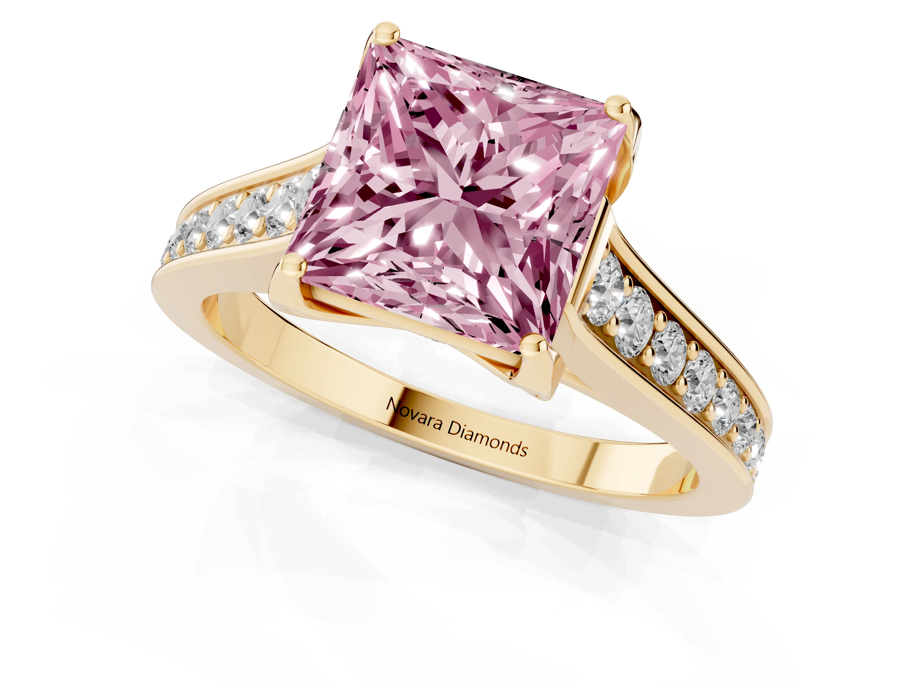 Fancy Pink Princess Cut Diamond Solitaire Pavé Engagement Ring Set in Yellow gold with Prong Setting
