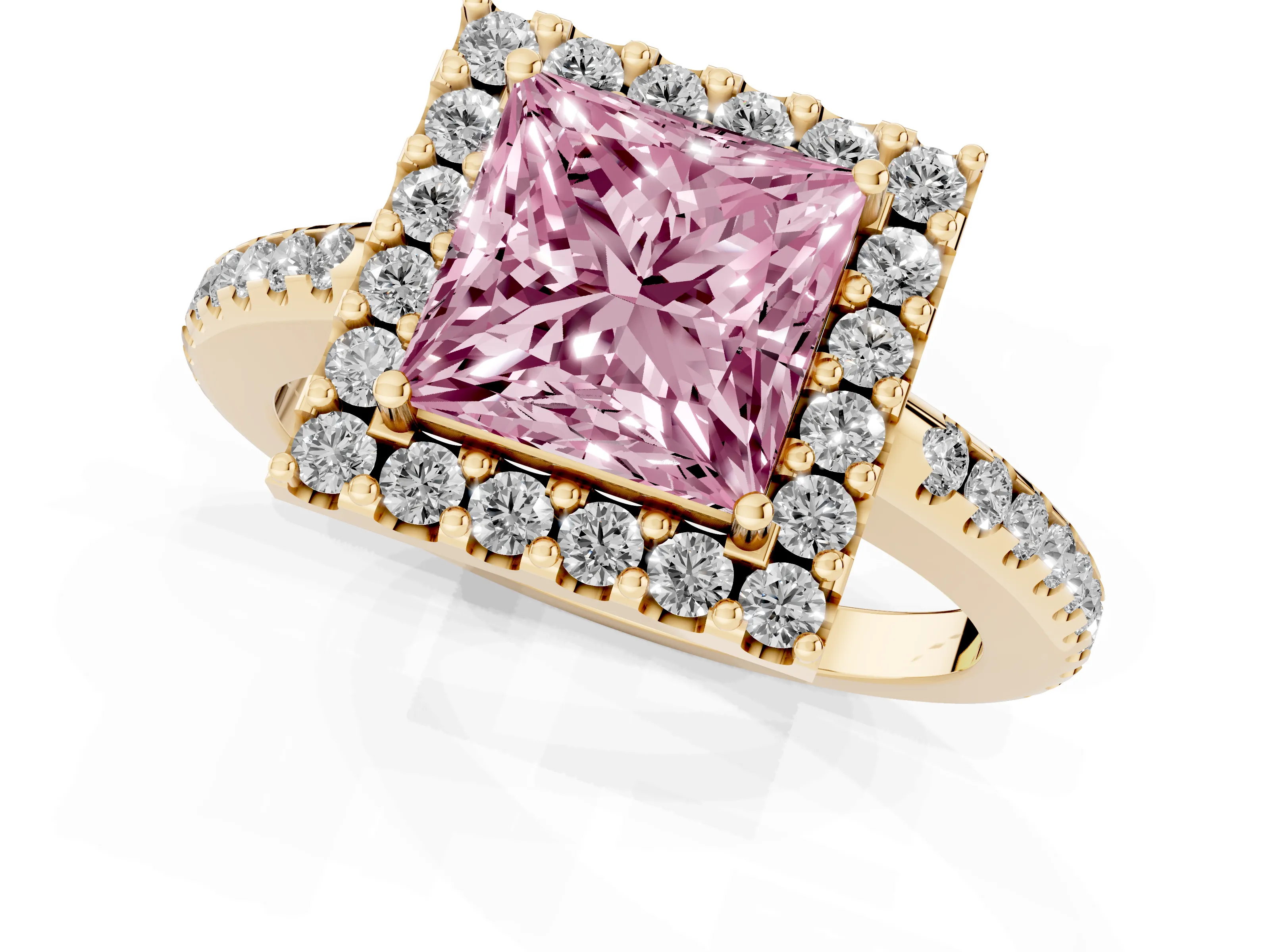 Fancy Pink Princess Cut Diamond Pavé Halo Ring Set in Yellow gold with Prong Setting