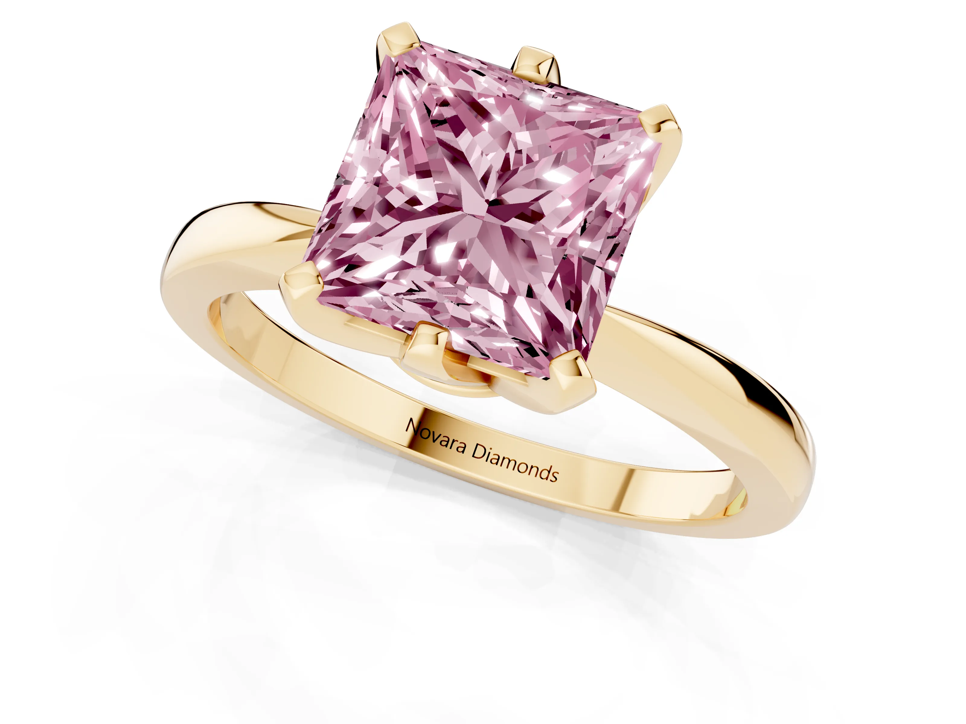 Fancy Pink Princess Cut Diamond Solitaire Engagement Ring Set in Yellow gold with Slim Tapered Solitaire Band