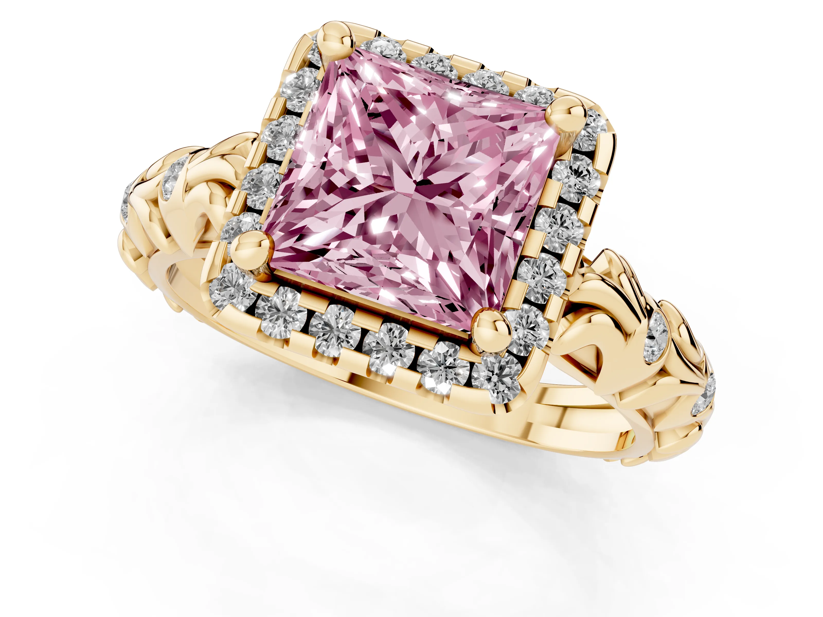 Fancy Pink Princess Cut Diamond Halo Ring Set in Yellow gold with Filigree Leaf Band and Prong Setting