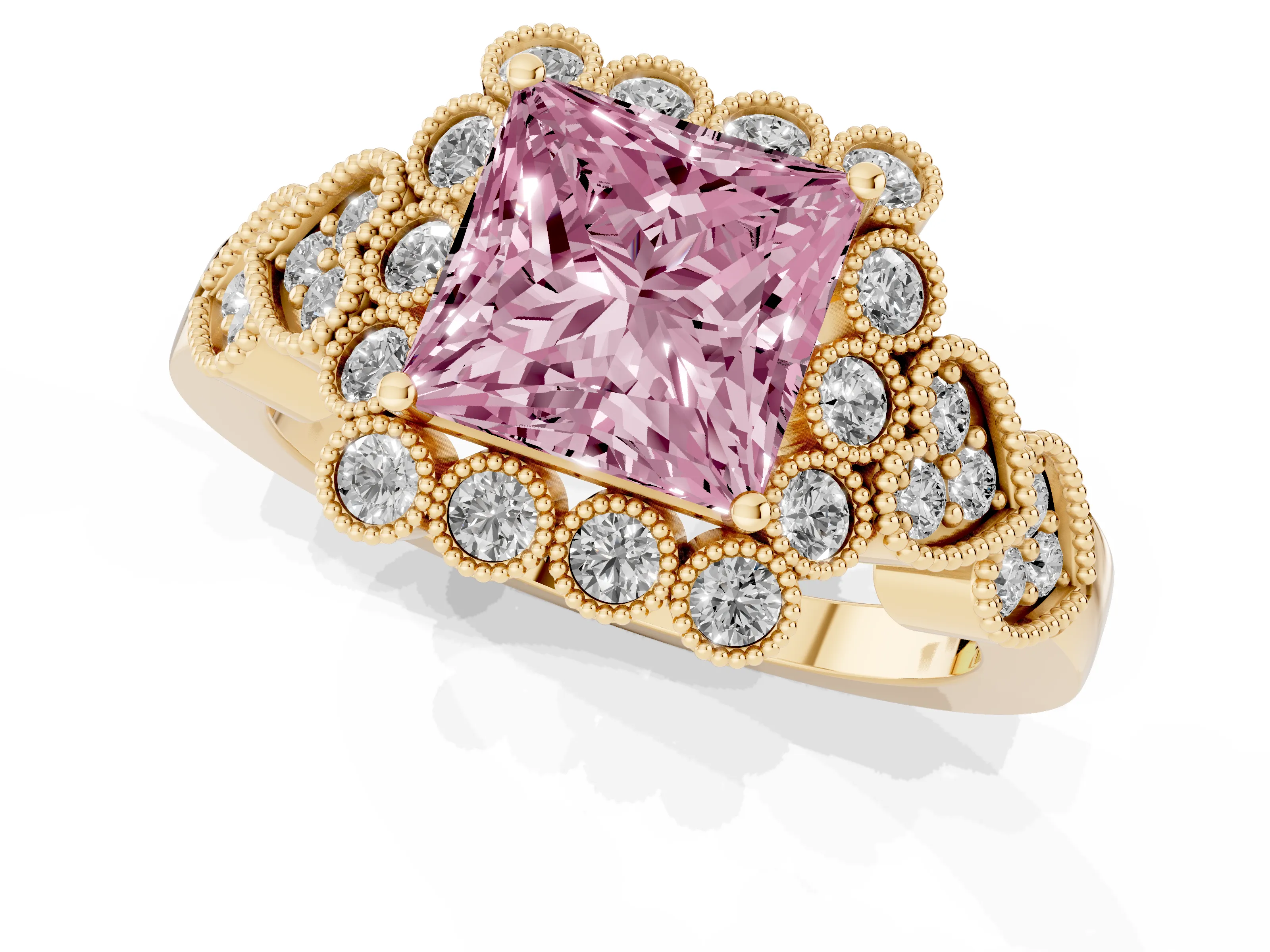 Fancy Pink Princess Cut Diamond Solitaire Ring Set in Yellow gold with Milgrain Pavé Heart Band