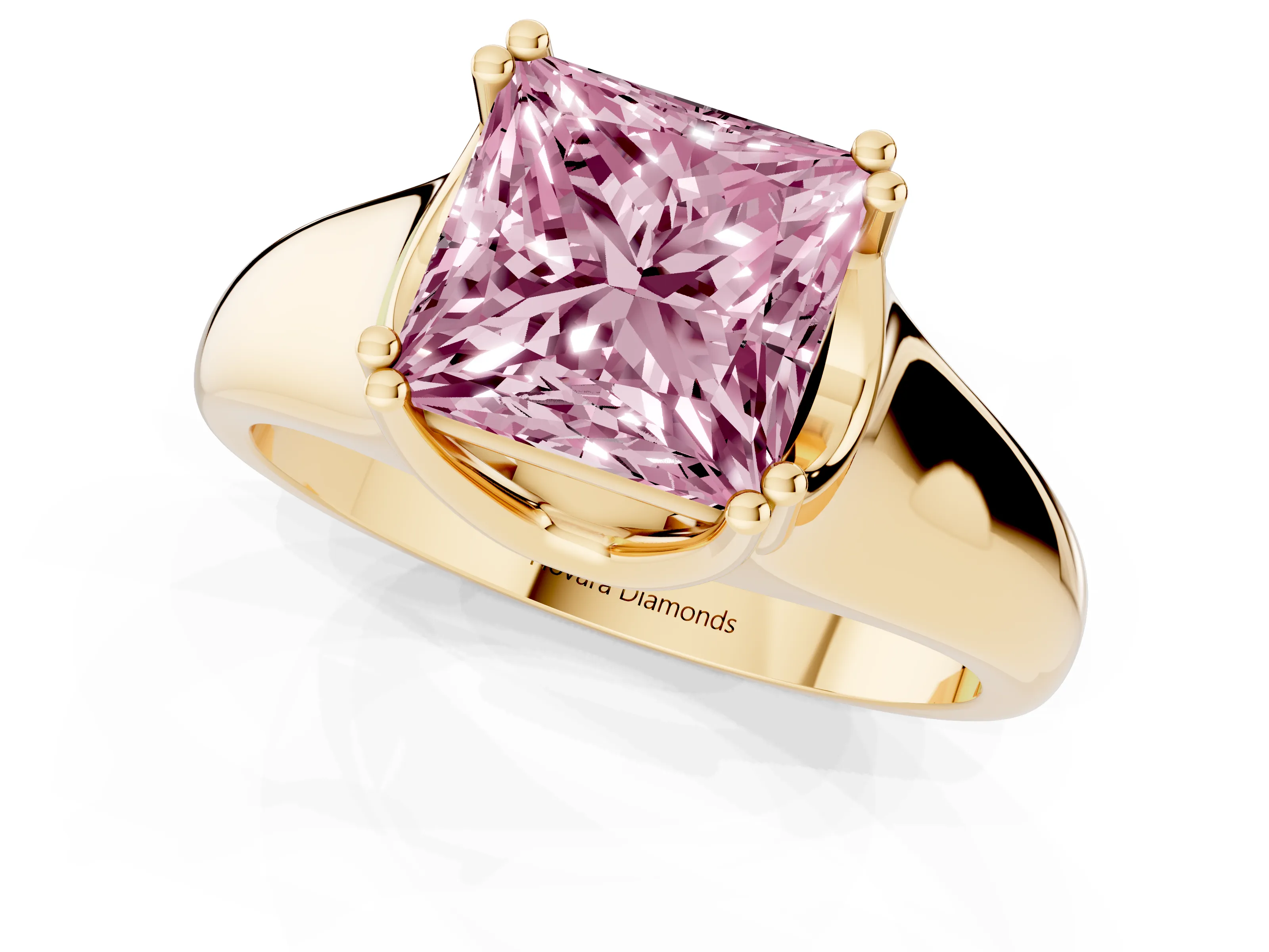 Fancy Pink Princess Cut Diamond Solitaire Ring Set in Yellow gold with Wide Band and Prong Setting
