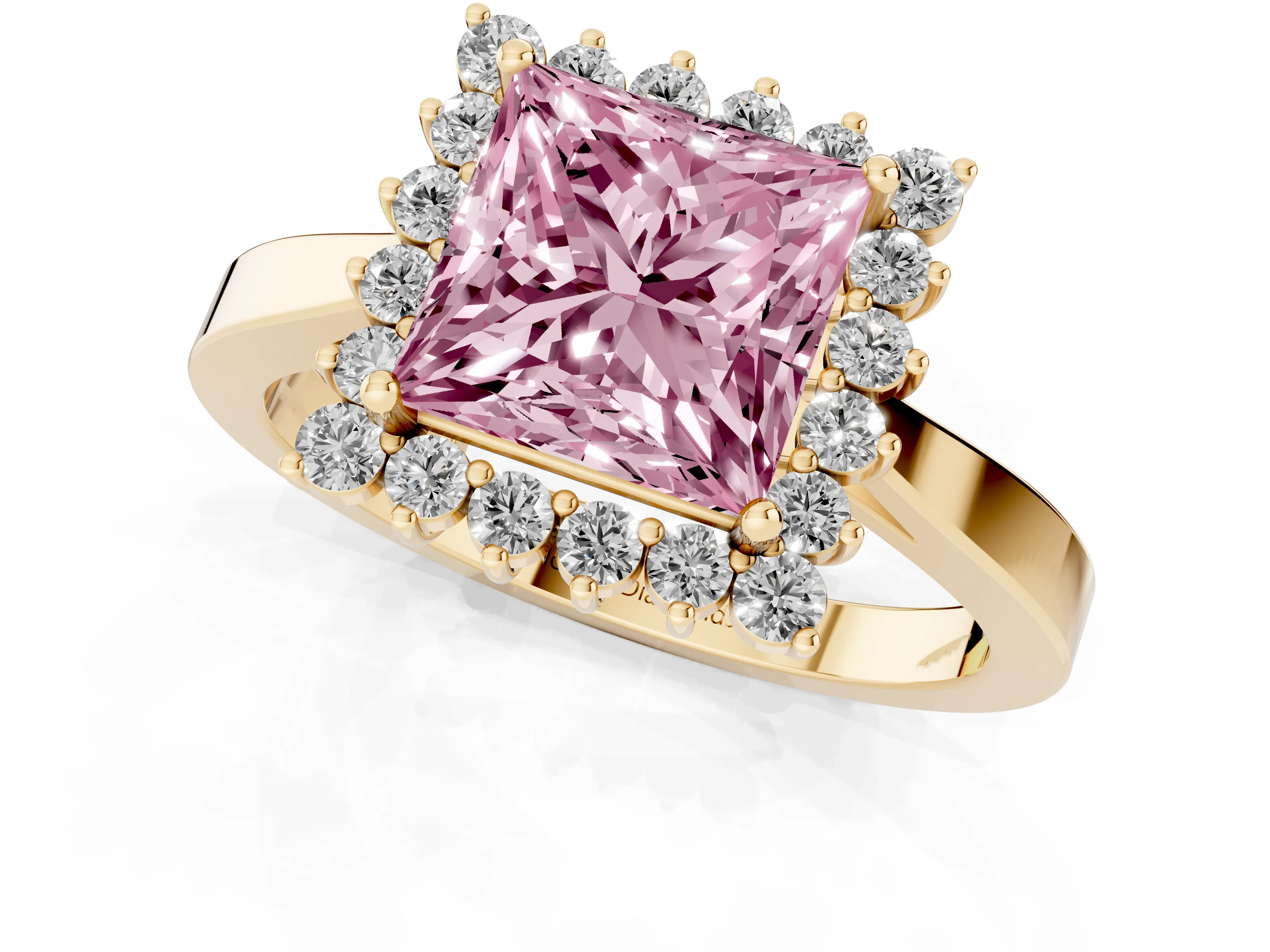 Fancy Pink Princess Cut Diamond Halo Ring Set in Yellow gold with Round Halo and Smooth Solitaire Band