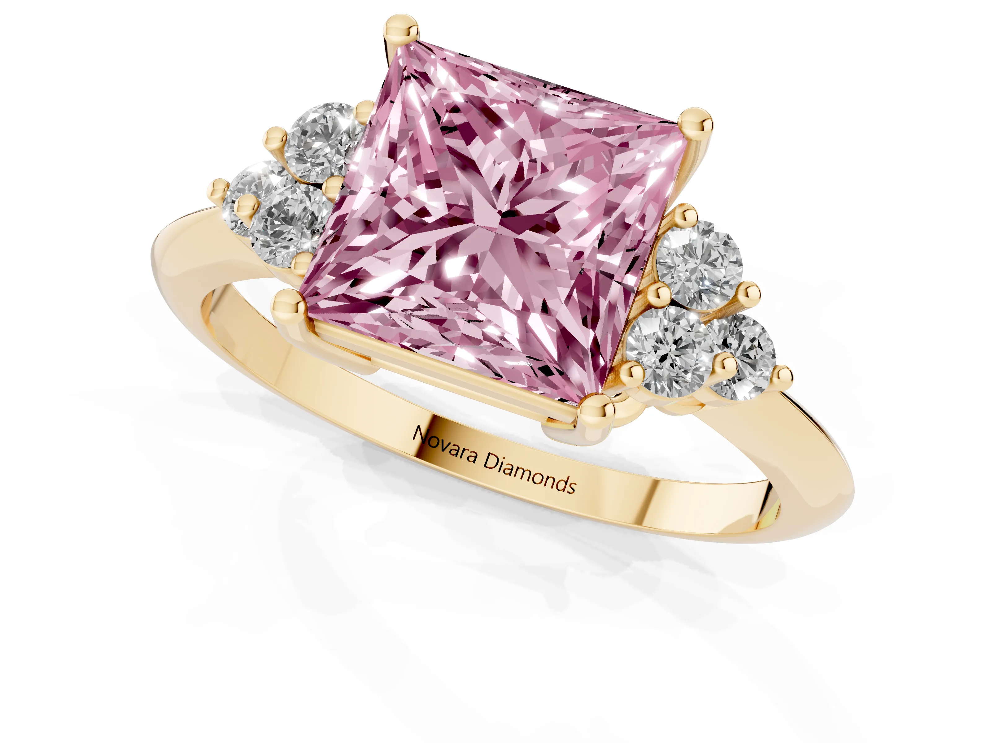 Fancy Pink Princess Cut Diamond Cluster Ring Set in Yellow gold with Plain Band and Prong Setting