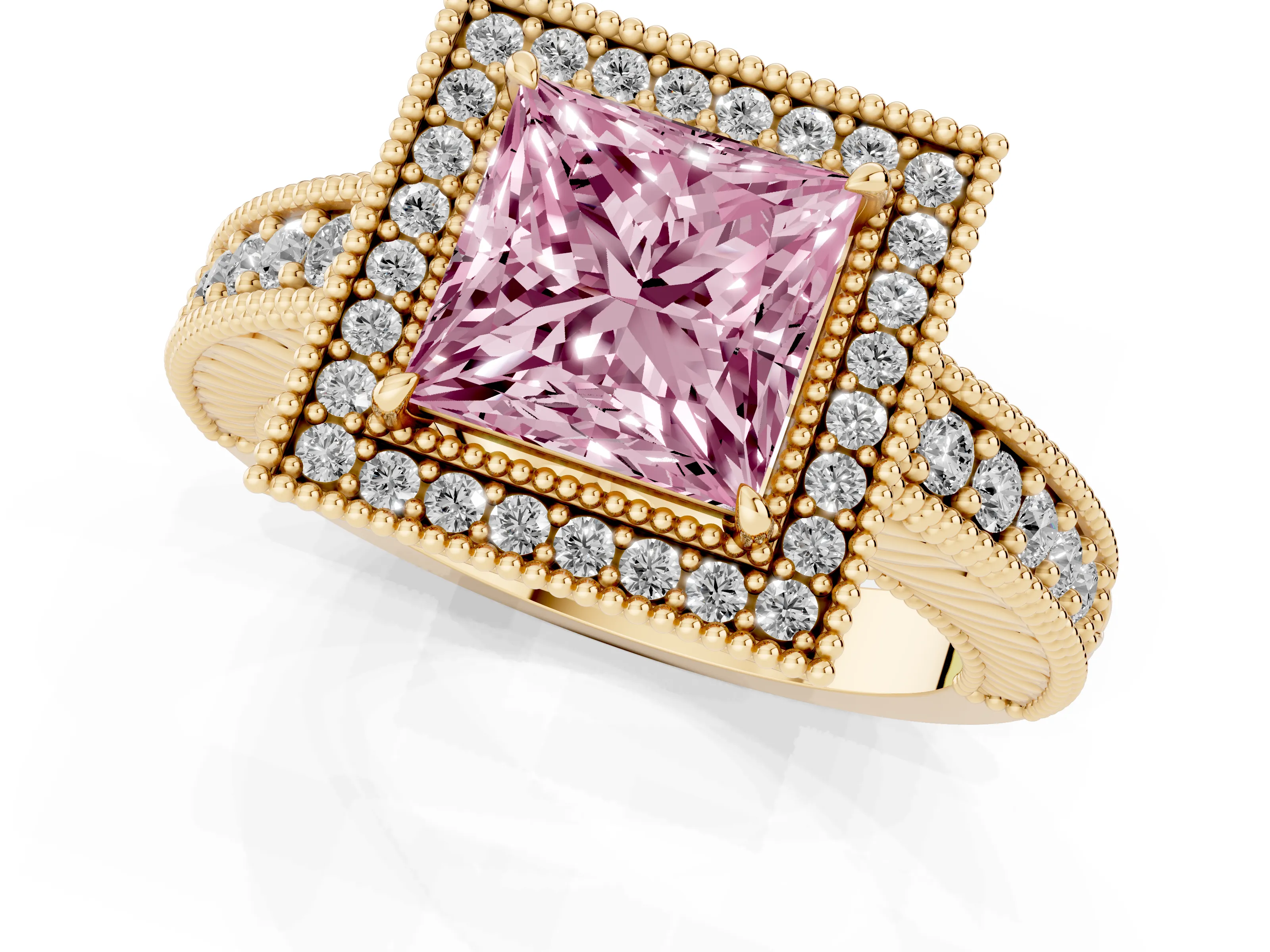 Fancy Pink Princess Cut Diamond Halo Ring Set in Yellow gold with Round Accent Halo, Pavé Band and Prong Setting